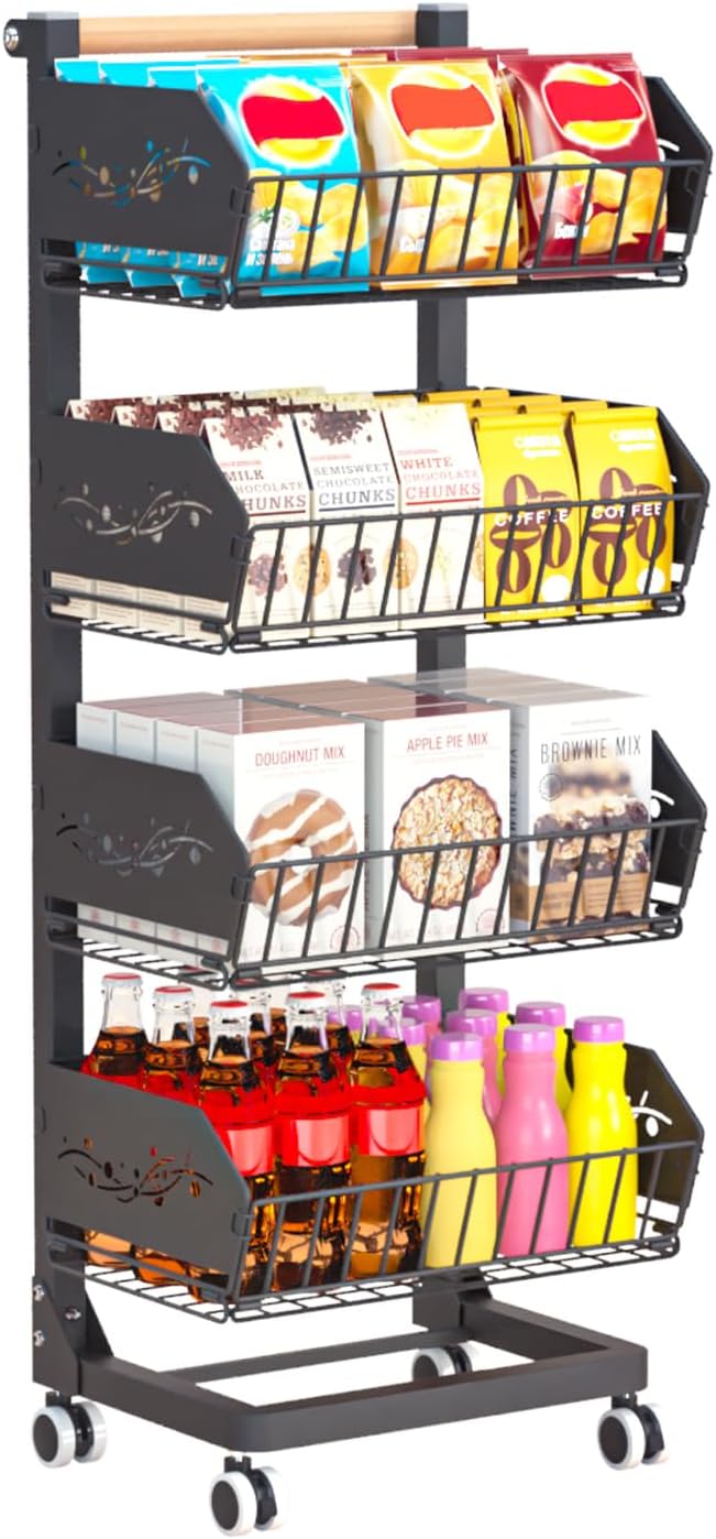 Heavy 4-Tier Snack Cart with Wheels ，Rolling Pantry Floor Organizers ，Upgraded Wider and Thicker, Kitchen Fruit Basket Stand and Storage Rack for Fruit Snack Onion Potato, (Wooden Handle)
