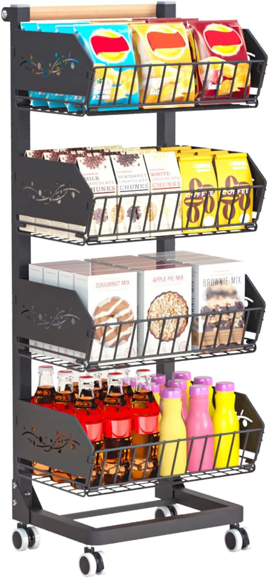 Heavy 4-Tier Snack Cart with Wheels ，Rolling Pantry Floor Organizers ，Upgraded Wider and Thicker, Kitchen Fruit Basket Stand and Storage Rack for Fruit Snack Onion Potato, (Wooden Handle)