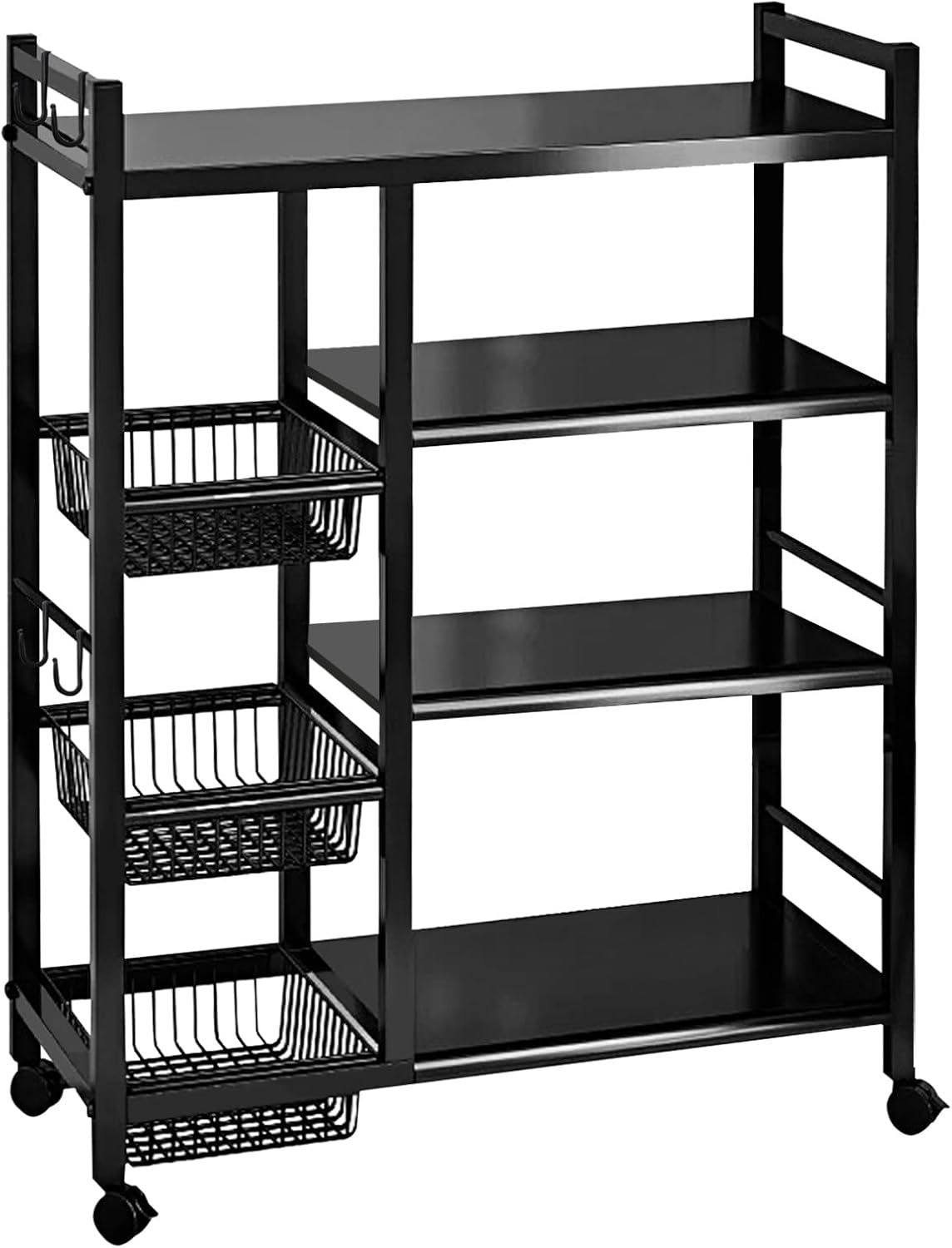 ALSO GO 4 Tiers Freestanding Kitchen Storage Rack, Multi-Functional Multi-Layer Mobile Storage Shelf with 3 Baskets, Suitable for Kitchen, Bedroom, Living Room, and Balcony, Black