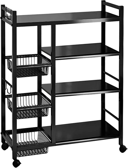 ALSO GO 4 Tiers Freestanding Kitchen Storage Rack, Multi-Functional Multi-Layer Mobile Storage Shelf with 3 Baskets, Suitable for Kitchen, Bedroom, Living Room, and Balcony, Black