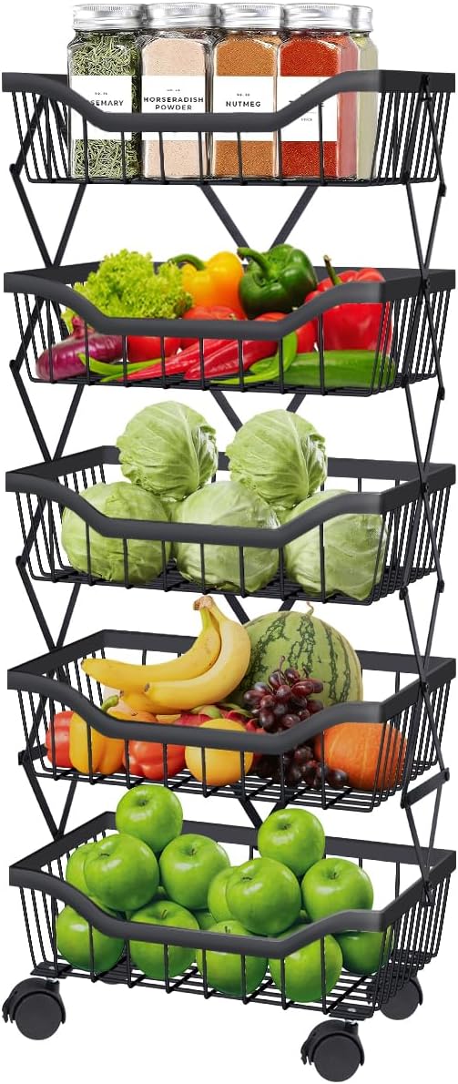 Newzeal Fruit Vegetable Storage Basket 5 Tiers Stackable Metal Wire Fruit Basket Kitchen Cart with Wheels Vegetable Storage Holder for Onions Potatoes Bread Snack Veggie, Black