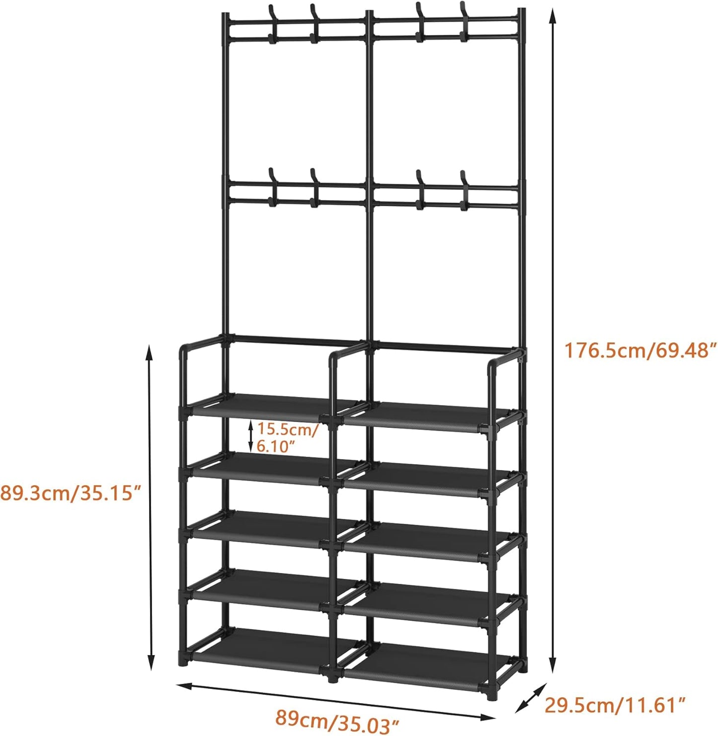Laiensia 5-Tier Entryway Coat Rack, Coat and Shoe Rack, Entryway Bench Storage Organizer with 8 Hooks for Bedroom, Hallway, Office, Black
