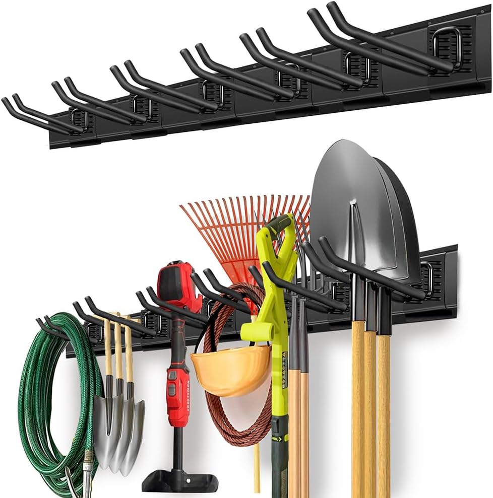 Garage Organization Wall Mount with 48 inches Rails and 6 Double-layer Hooks, Heavy Duty Garden Tool Rack, Hanging Storage Rack For Yard Tools, Shed