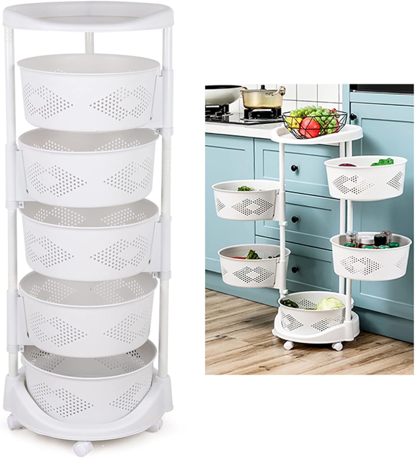 5 Tier Kitchen Storage Cart Multi-Layer Storage Basket with Wheels Fruit Vegetable Storage Shelves Racks Rolling Storage Cart for Kitchen Living Room Bedroom, White (5 Tier)