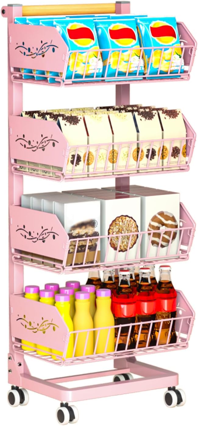 Heavy 4-Tier Snack Cart with Wheels ，Rolling Pantry Floor Organizers ，Upgraded Wider and Thicker, Kitchen Fruit Basket Stand and Storage Rack for Fruit Snack Onion Potato, (Wooden Handle)