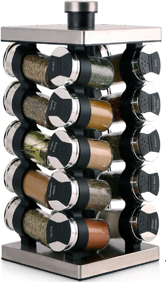 Orii 20 Jar Spice Rack with Spices Included - Tower Organizer for Kitchen Spices and Seasonings, (Silver Black)