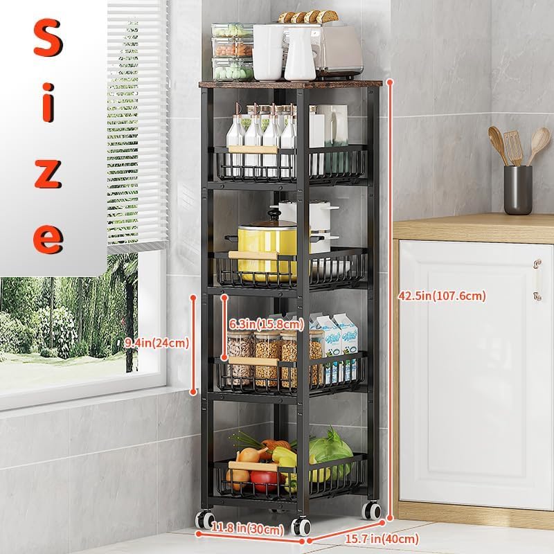 Metal Wire Baskets with Wheels, Stackable Storage Bins Kitchen Organizer Shelf, Multi Layer Fruit Vegetable Cart Dishes Seasonal Rack Freestanding with Pull Out Slide Drawer