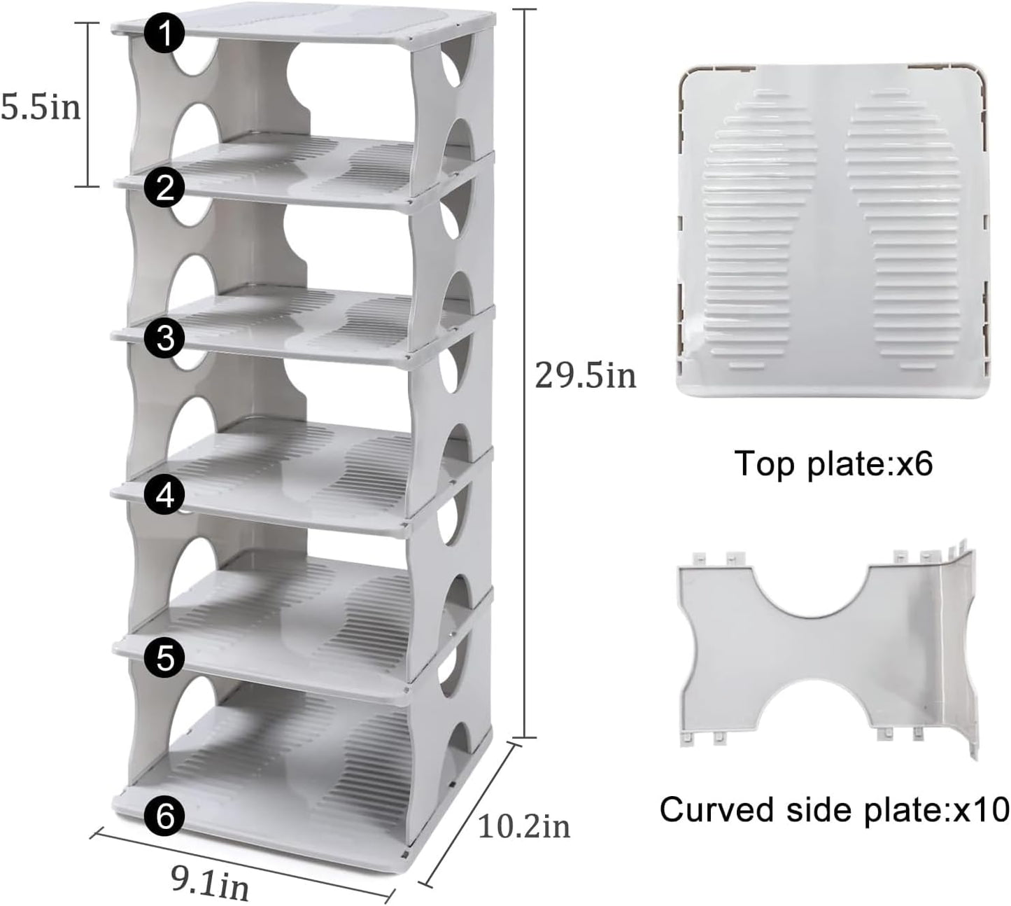 6-Tier Shoe Rack, Stackable Storage Organizer for Bedroom Entry, Adjustable Rack, Shoe Slots Shelf, Easy Tower Rack, Grey