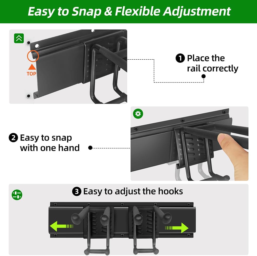 Garage Organization Wall Mount with 48 inches Rails and 6 Double-layer Hooks, Heavy Duty Garden Tool Rack, Hanging Storage Rack For Yard Tools, Shed