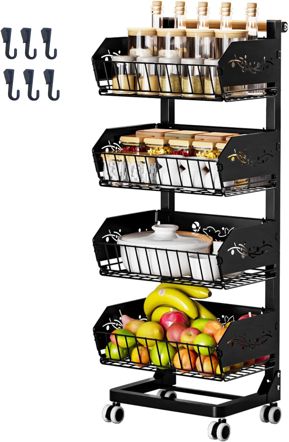 Heavy 4-Tier Snack Cart with Wheels ，Rolling Pantry Floor Organizers ，Upgraded Wider and Thicker, Kitchen Fruit Basket Stand and Storage Rack for Fruit Snack Onion Potato, (Wooden Handle)
