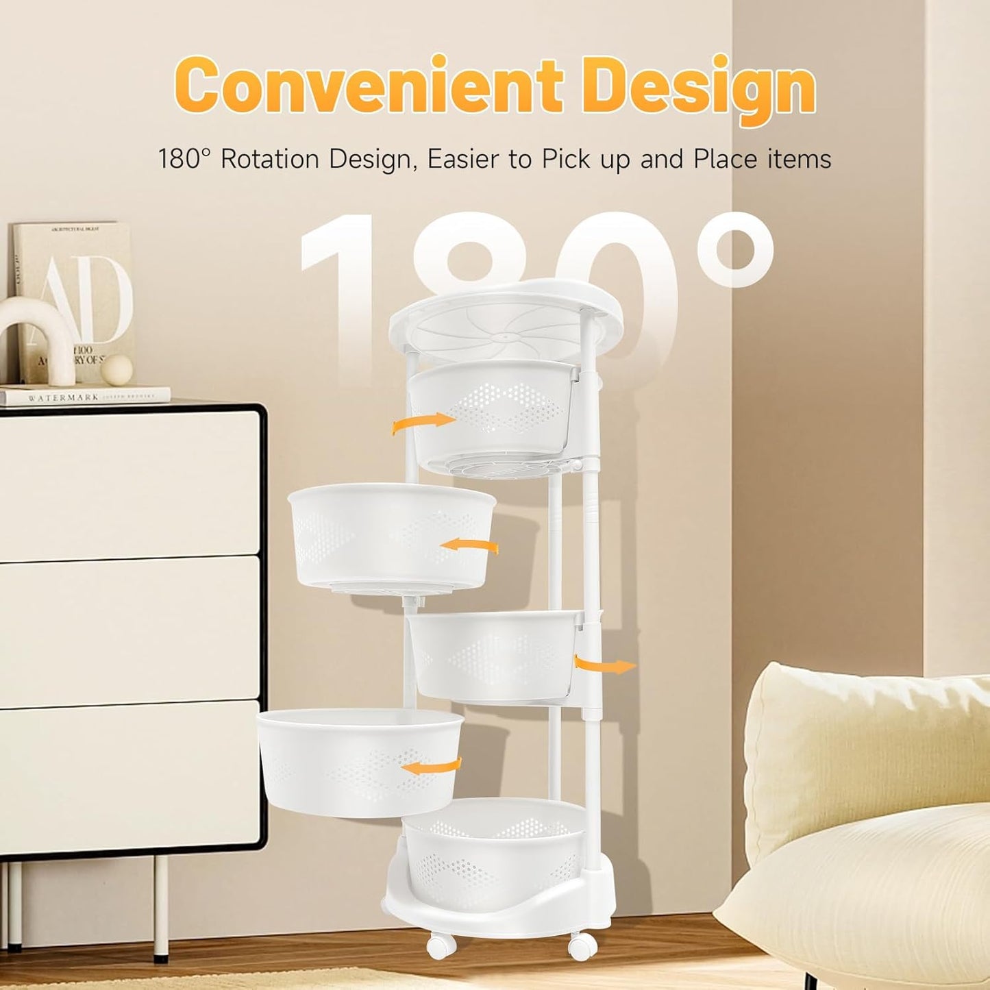 5 Tier Multi-Layer Kitchen Storage Rack, Rotating Storage Shelves Organizer,Floor Standing Storage Rack Basket Shelf Kitchen Storage Cart with Wheels Storage Basket for Living Rooms, Kitchens (White)