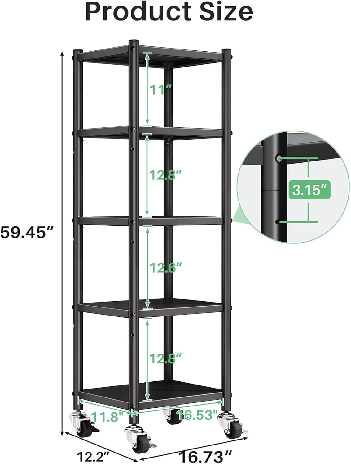 PXRACK 5-Tier Kitchen Storage Shelves, Adjustable Metal Shelves for Storage Pantry Shelves with Rolling Wheels, Storage Rack Shelving Unit Organizer for Bedroom Laundry Closet