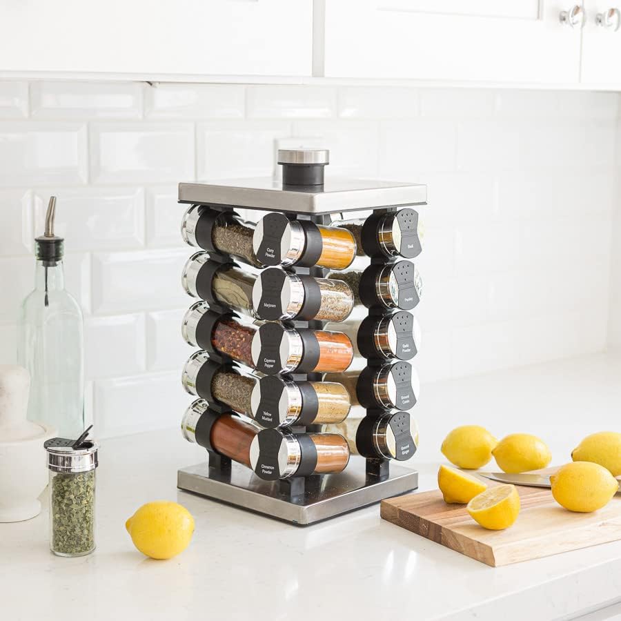 Orii 20 Jar Spice Rack with Spices Included - Tower Organizer for Kitchen Spices and Seasonings, (Silver Black)