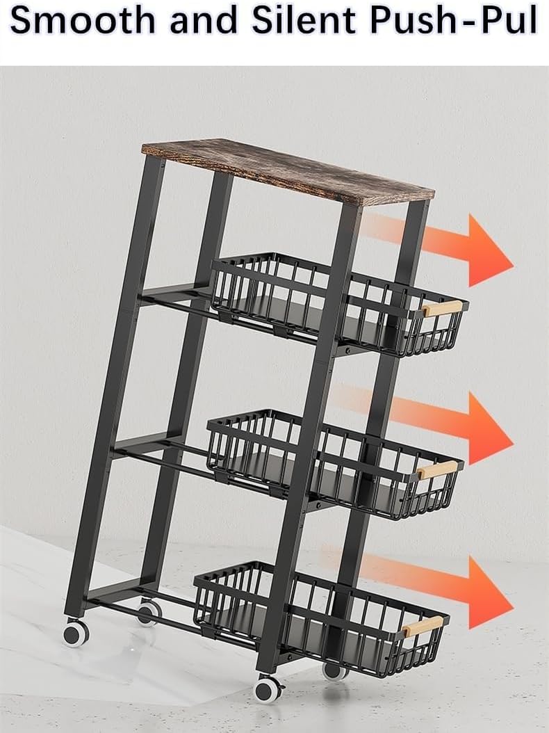 Metal Wire Baskets with Wheels, Stackable Storage Bins Kitchen Organizer Shelf, Multi Layer Fruit Vegetable Cart Dishes Seasonal Rack Freestanding with Pull Out Slide Drawer