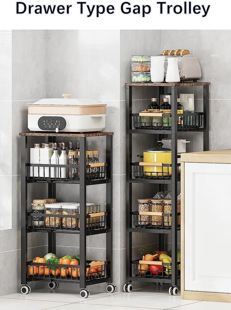 Metal Wire Baskets with Wheels, Stackable Storage Bins Kitchen Organizer Shelf, Multi Layer Fruit Vegetable Cart Dishes Seasonal Rack Freestanding with Pull Out Slide Drawer