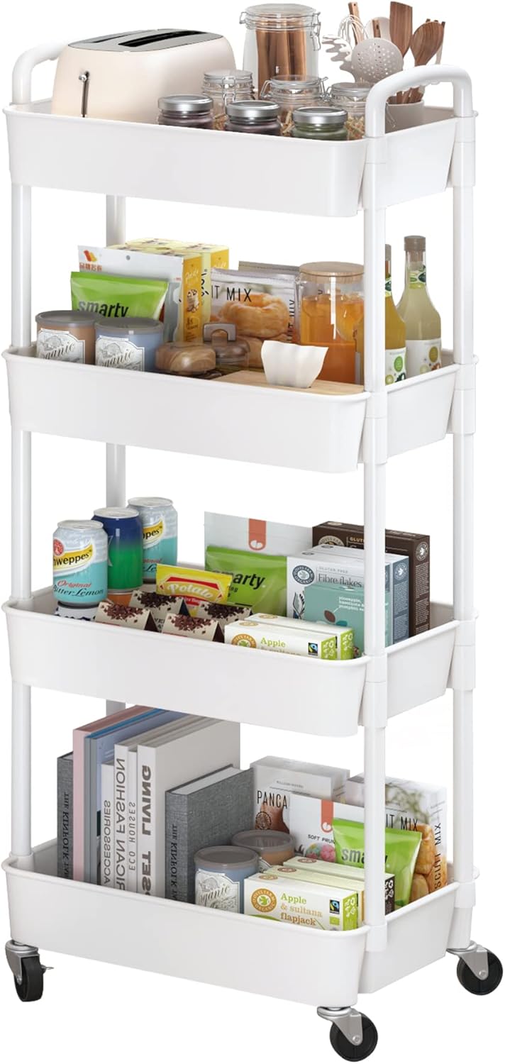 Sywhitta 4-Tier Plastic Rolling Utility Cart with Handle, Multi-Functional Storage Trolley for Office, Living Room, Kitchen, Movable Storage Organizer with Wheels, Black