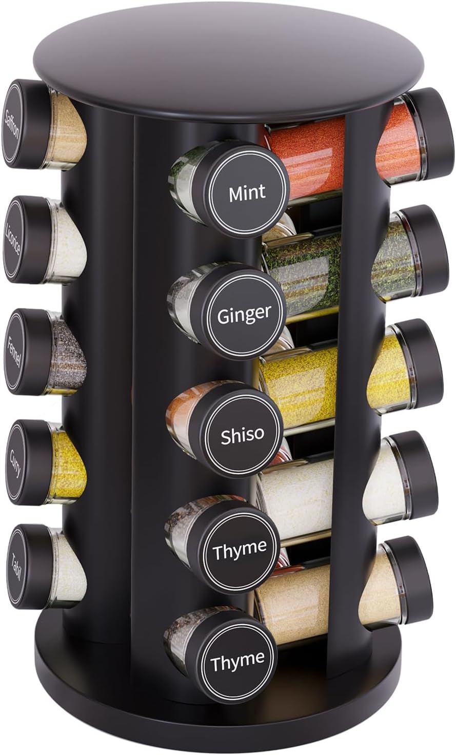 Revolving Spice Rack Set with 20 Spice Jars, Kitchen Spice Tower Organizer for Countertop or Cabinet -- Carousel Storage Includes 386 Spice Labels -- Desktop Rotating Seasoning Organizer