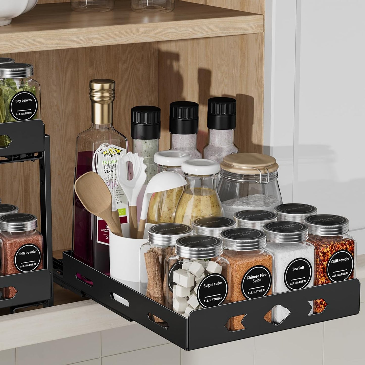 Spice Organization for Cabinet, 2-Tier Cabinet Spice Rack, Height Adjustable Vertical Spice Rack Pull Out for Kitchen, Cabinet, Pantry (14.1''Wx10.8''Dx9.2''H, Metal Black)