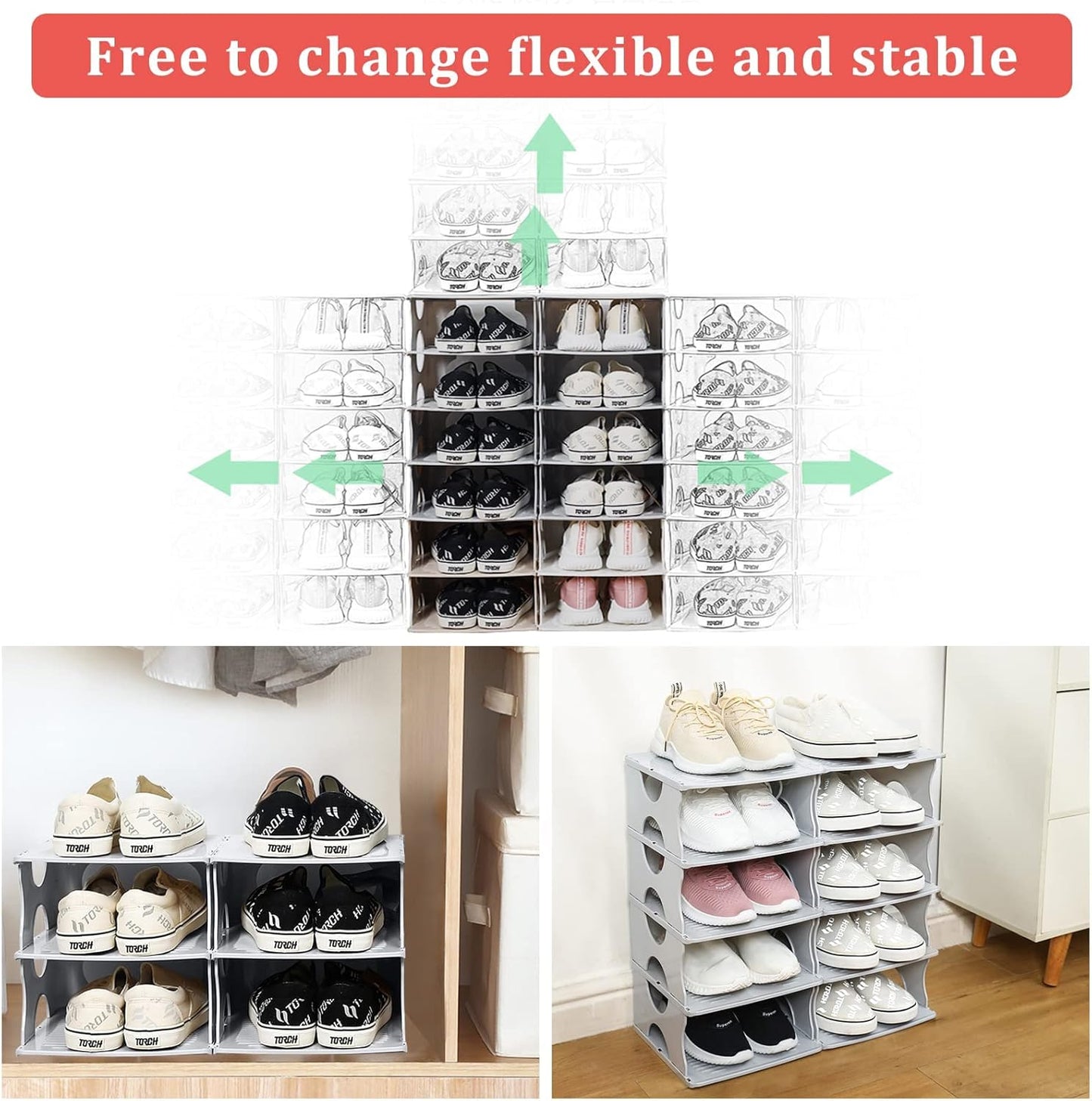 6-Tier Shoe Rack, Stackable Storage Organizer for Bedroom Entry, Adjustable Rack, Shoe Slots Shelf, Easy Tower Rack, Grey