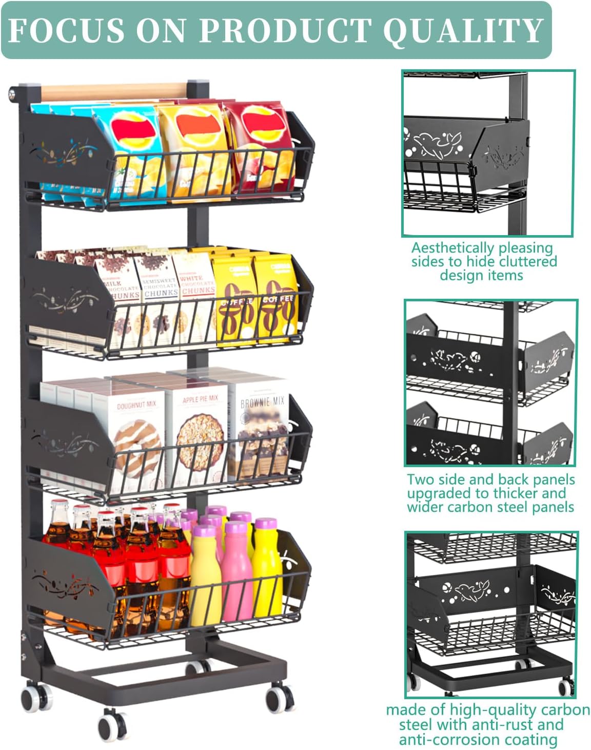 Heavy 4-Tier Snack Cart with Wheels ，Rolling Pantry Floor Organizers ，Upgraded Wider and Thicker, Kitchen Fruit Basket Stand and Storage Rack for Fruit Snack Onion Potato, (Wooden Handle)