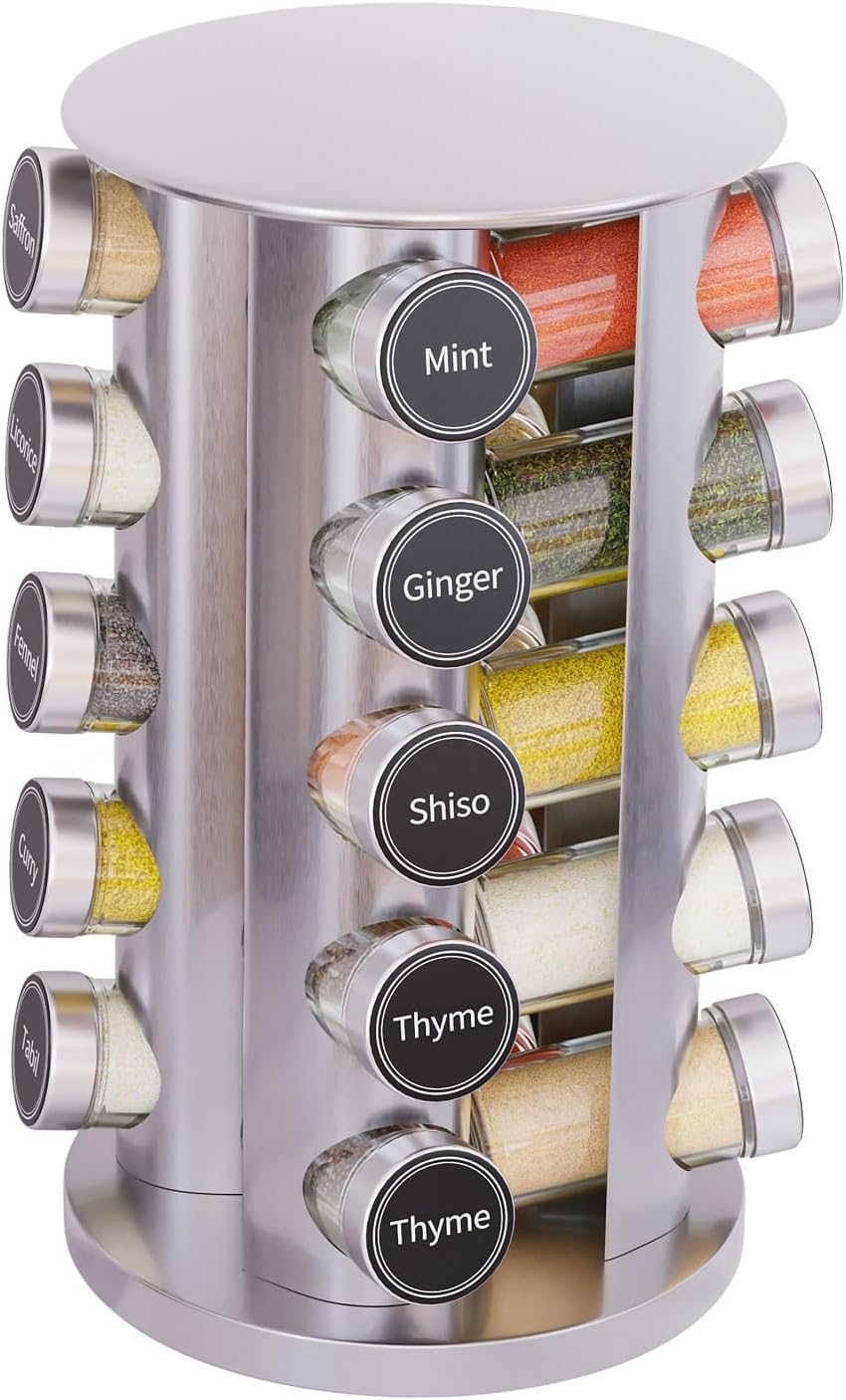 Revolving Spice Rack Set with 20 Spice Jars, Kitchen Spice Tower Organizer for Countertop or Cabinet -- Carousel Storage Includes 386 Spice Labels -- Desktop Rotating Seasoning Organizer