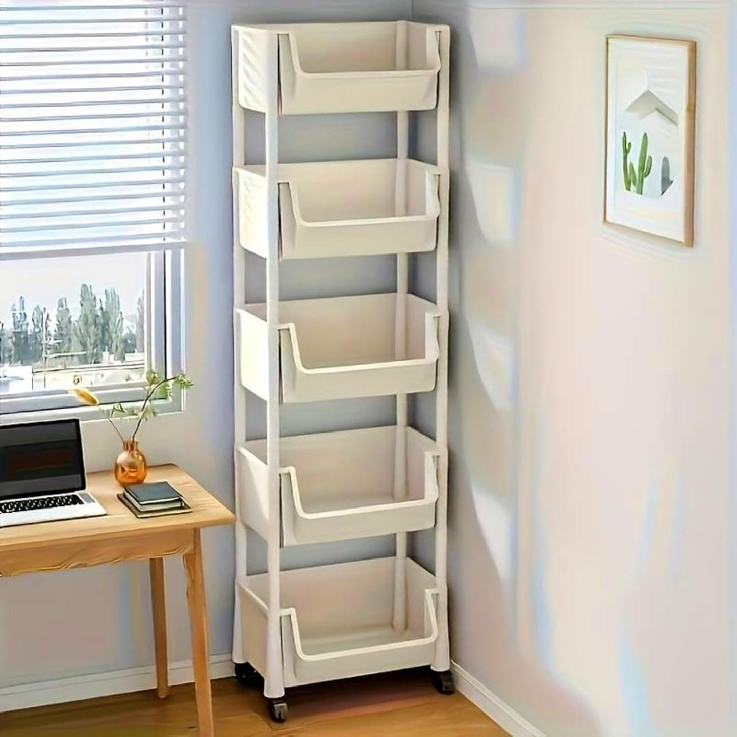 5-Tier Plastic Rolling Utility Cart - Multi Layer Mobile Storage Organizer Plastic Storage Rack with Wheels, Easy Assembly, for Home, Office, Living Room, Kitchen, 11.4" D x 7.2" W x 46.5" H (White)