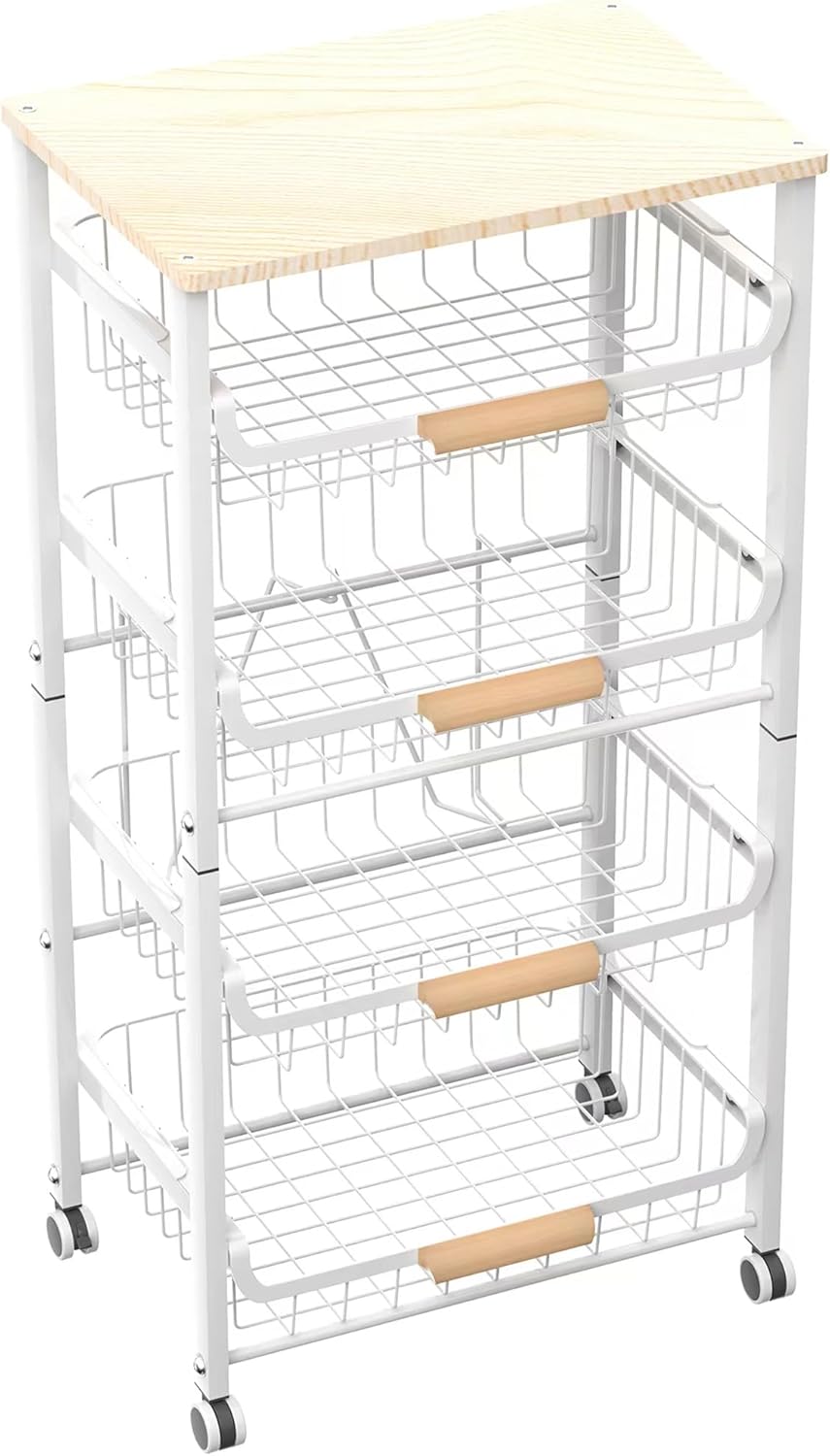 5-Layer Fruit Basket Kitchen Food Organizer and Rack, Stackable Storage Cart with Desktop, Pull-Out Hollow Metal Basket, Wheeled Sorting Rack Spice Rack, Black