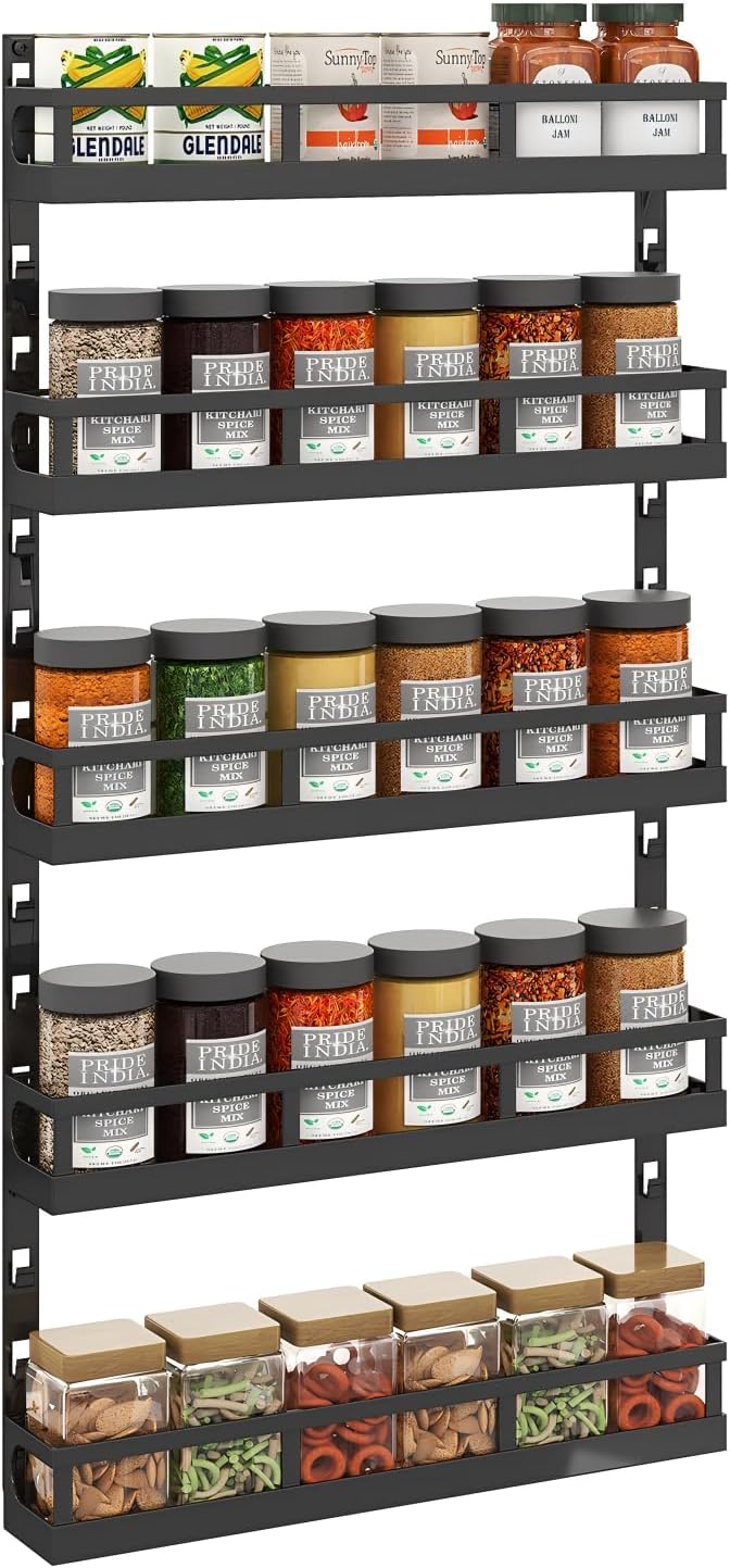 X-cosrack Wall Mount Spice Rack Organizer 5 Tier Height-Adjustable Hanging Spice Shelf Storage for Kitchen Pantry Cabinet, Dual-Use Seasoning Holder Rack with Hooks, Black-Patented
