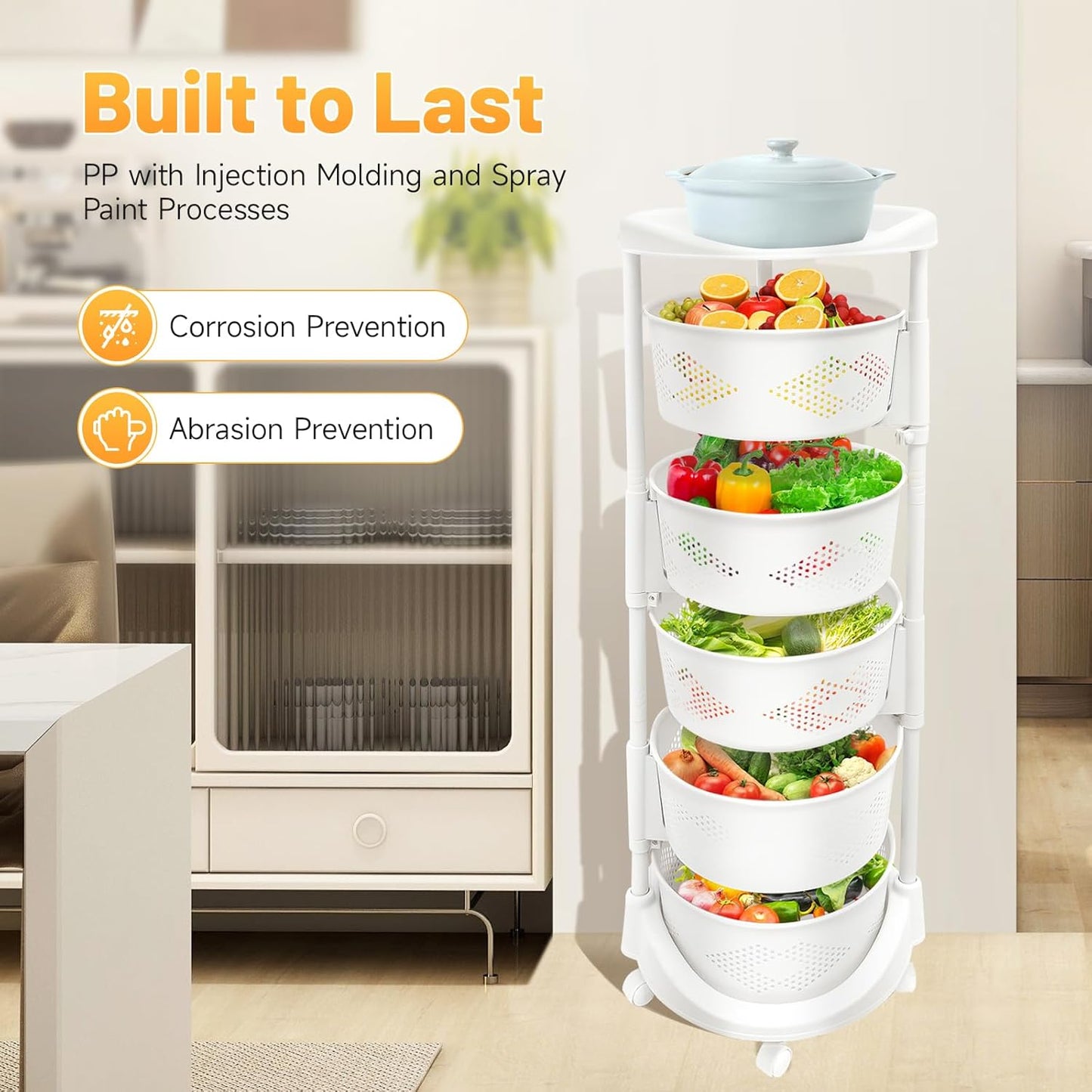 5 Tier Multi-Layer Kitchen Storage Rack, Rotating Storage Shelves Organizer,Floor Standing Storage Rack Basket Shelf Kitchen Storage Cart with Wheels Storage Basket for Living Rooms, Kitchens (White)