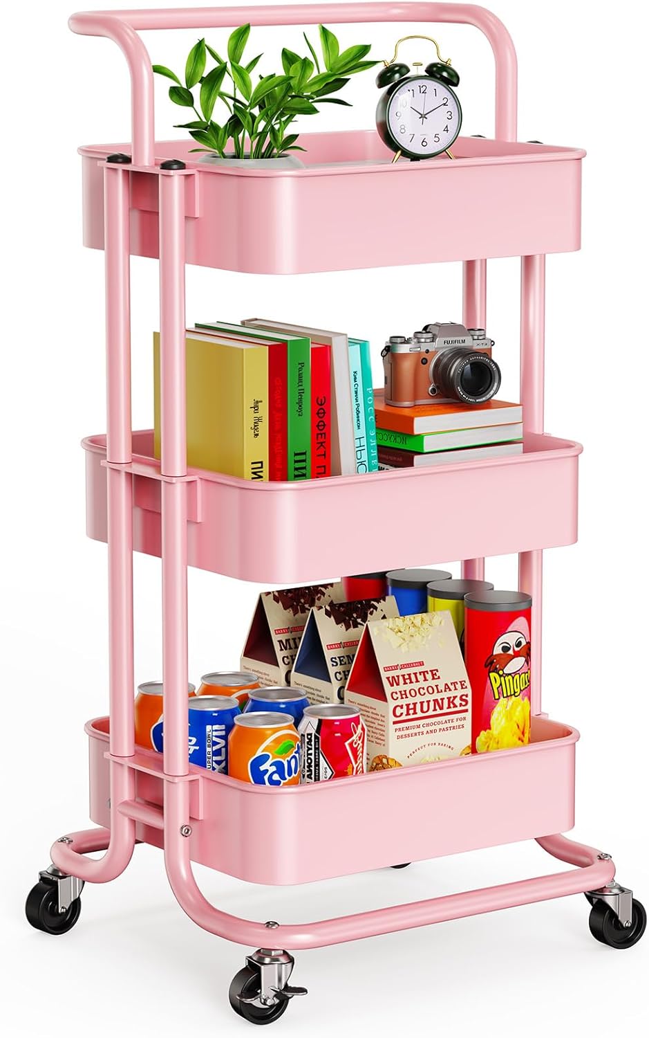 Pipishell 3 Tier Mesh Utility Cart, Rolling Metal Organization Cart with Handle and Lockable Wheels, Multifunctional Storage Shelves for Kitchen Living Room Office White