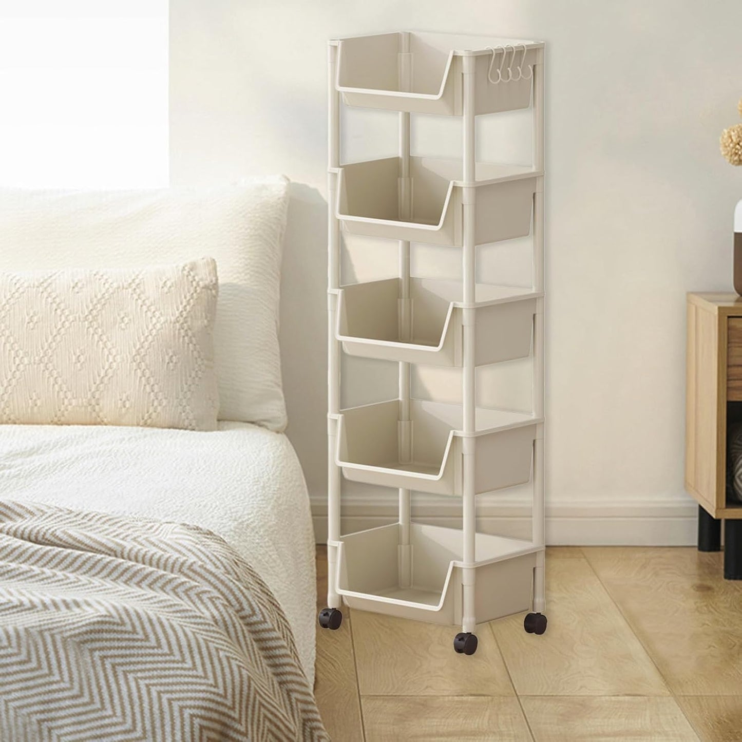 5-Tier Plastic Rolling Utility Cart - Multi Layer Mobile Storage Organizer Plastic Storage Rack with Wheels, Easy Assembly, for Home, Office, Living Room, Kitchen, 11.4" D x 7.2" W x 46.5" H (White)