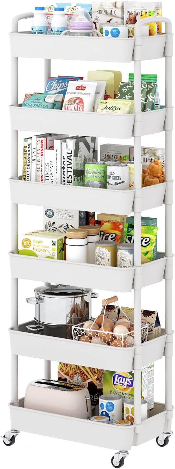 Sywhitta 4-Tier Plastic Rolling Utility Cart with Handle, Multi-Functional Storage Trolley for Office, Living Room, Kitchen, Movable Storage Organizer with Wheels, Black