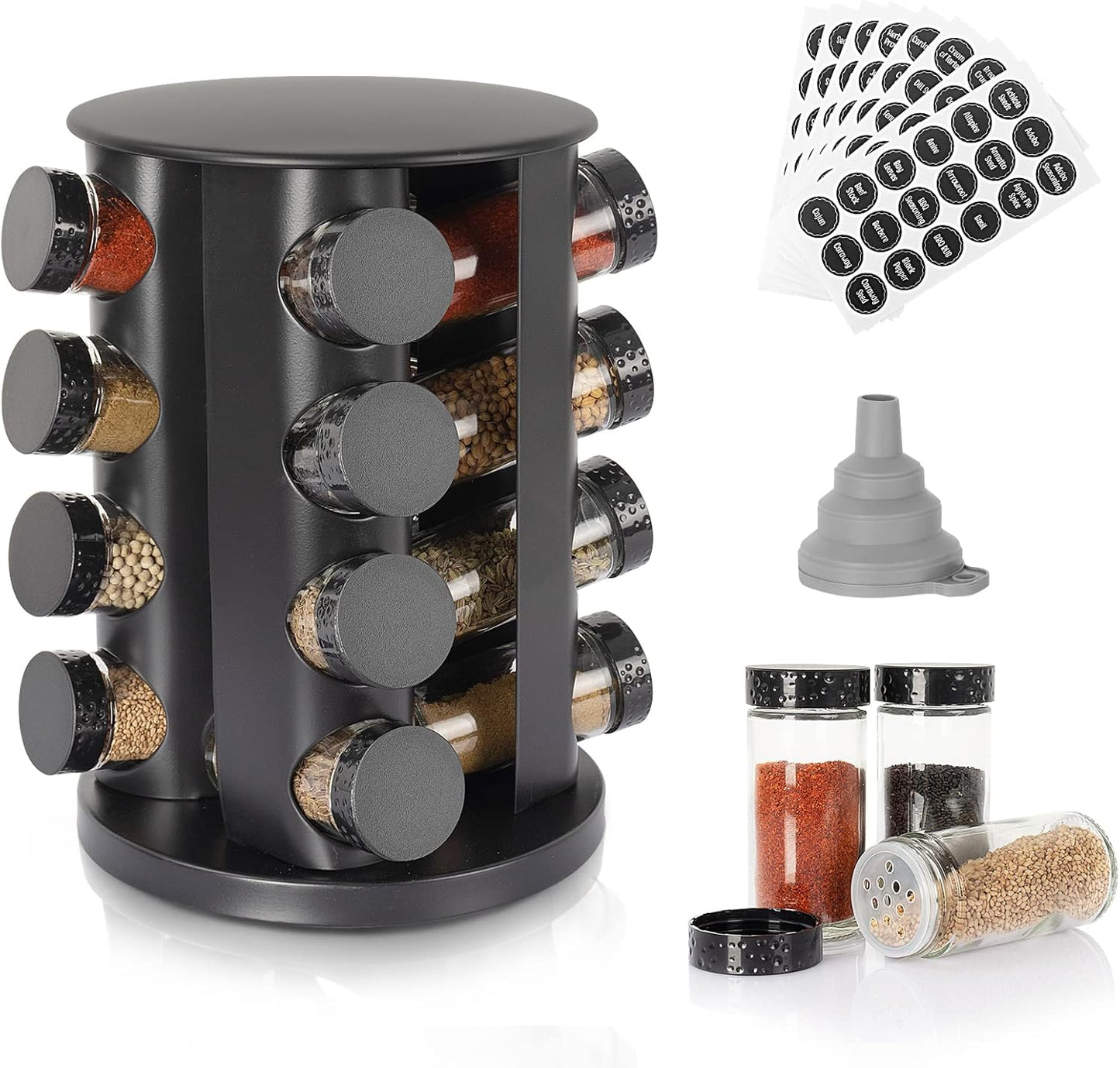 Black Countertop Rotating Spice Rack, Round Empty 20-Jars Revolving Spice Rack Organizer, 135 Spice Labels with Funnel Complete Set, for Kitchen Countertop, Cabinet