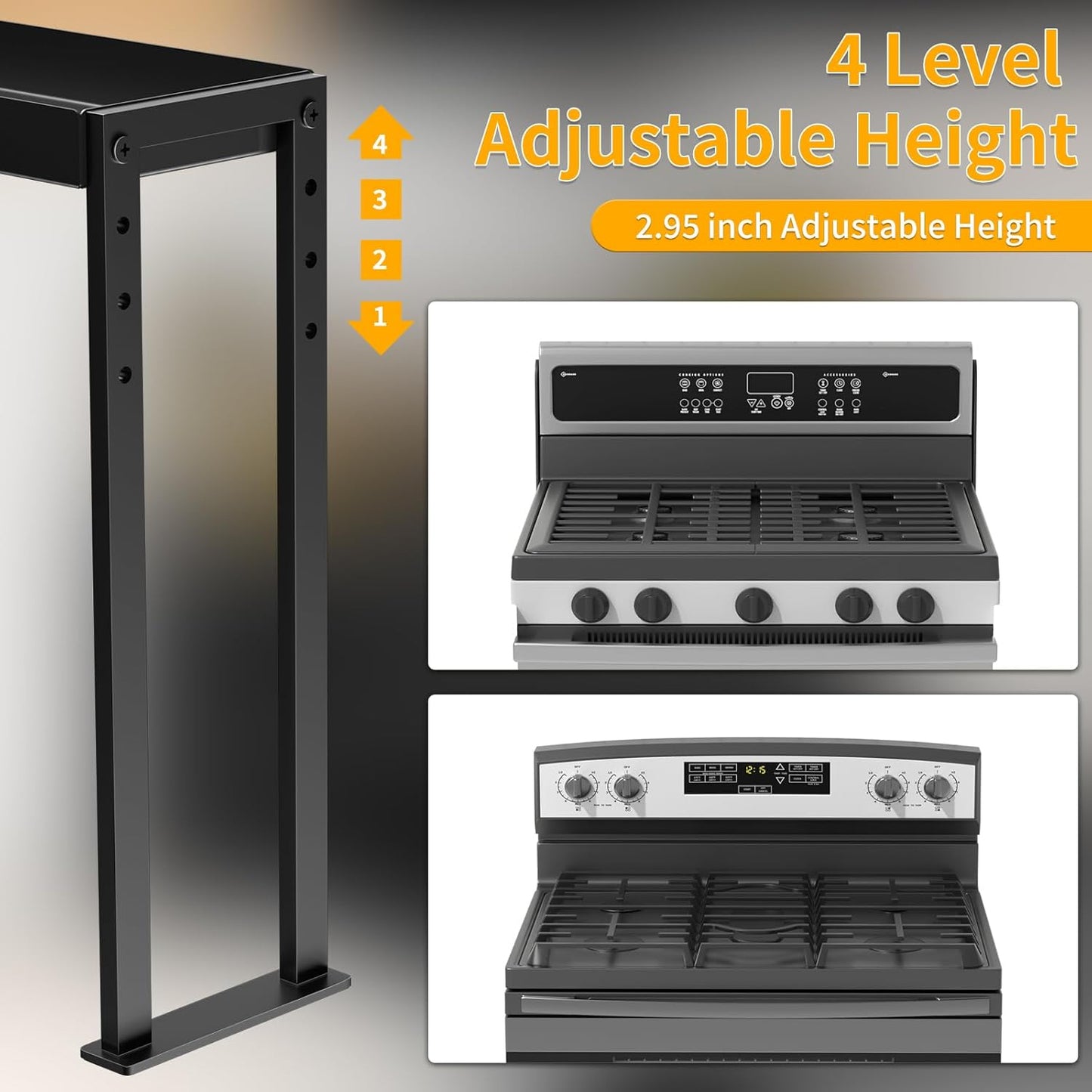 Spice Rack Shelf for Kitchen Stove, Adjustable 27 to 33 Inch Spice Rack Organizer, 4 Level Adjustable Height Stove Top Shelf for Kitchen, Over the Stove Shelf for Curved Stove, Black