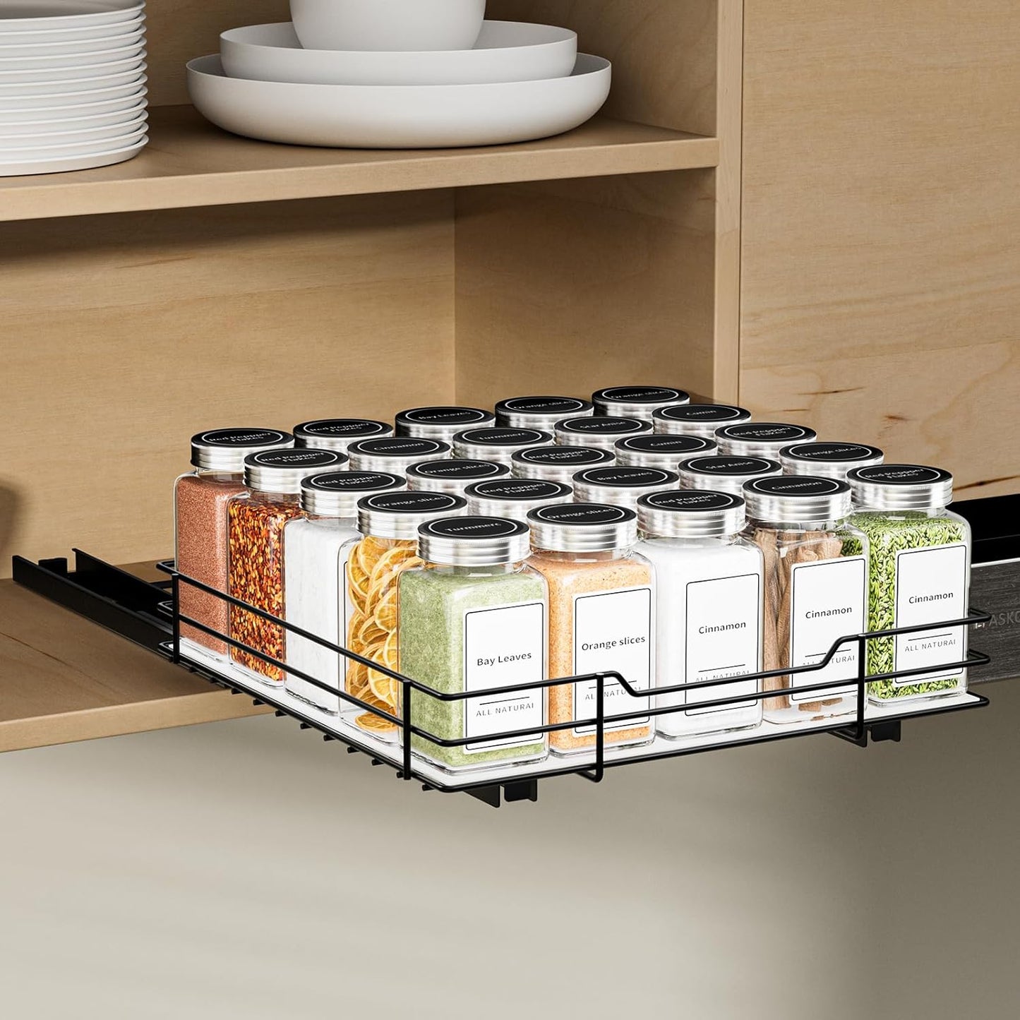 Spice Rack Organizer for Cabinet, 2 Tier Pull Out Spice Organizer for Cabinet Height Adjustable Heavy Duty Metal Basket for Inside Cabinets & Pantry Closet