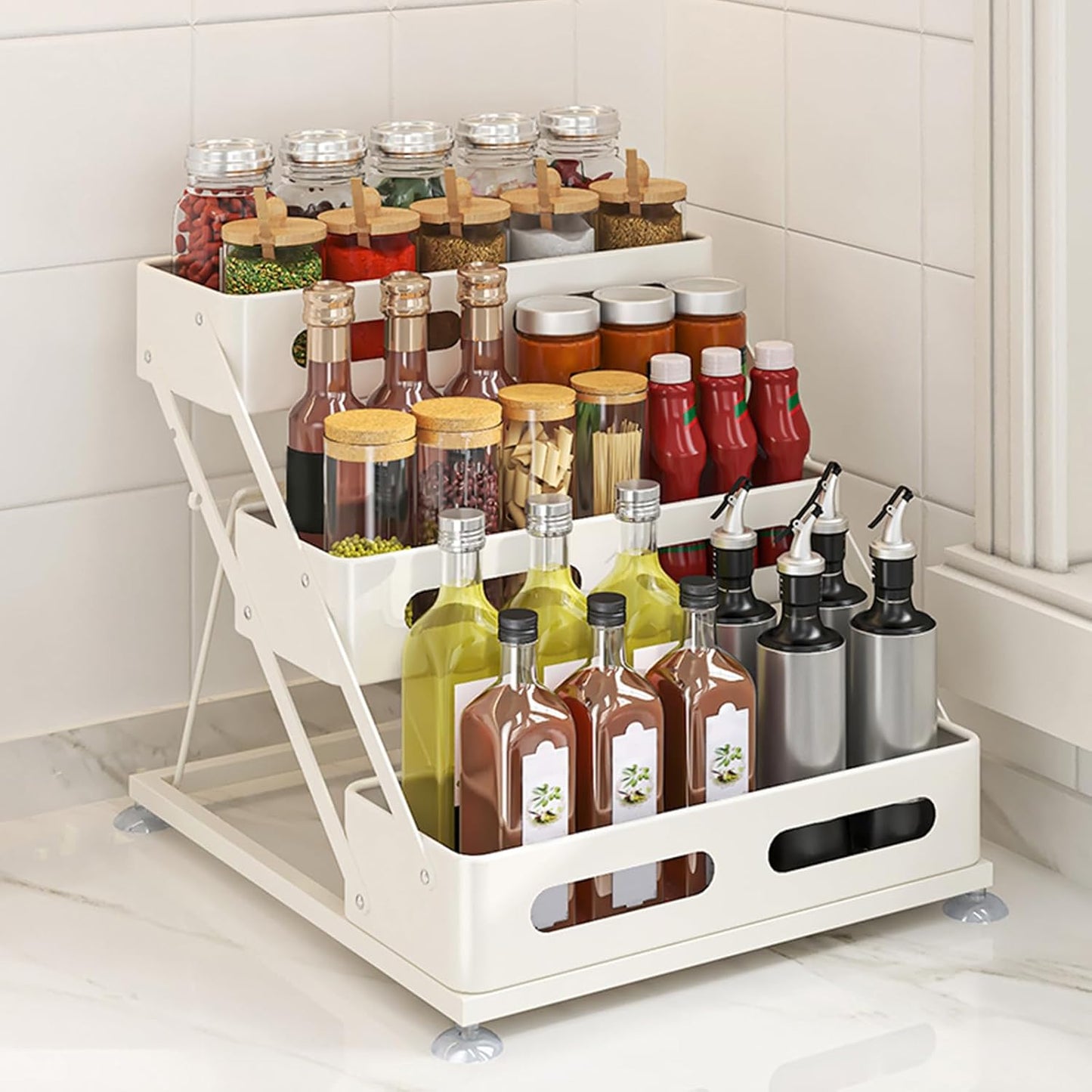 3 Tier Foldable Spice Rack for Countertop Iron Kitchen Seasoning Organizer for Cabinet, Black