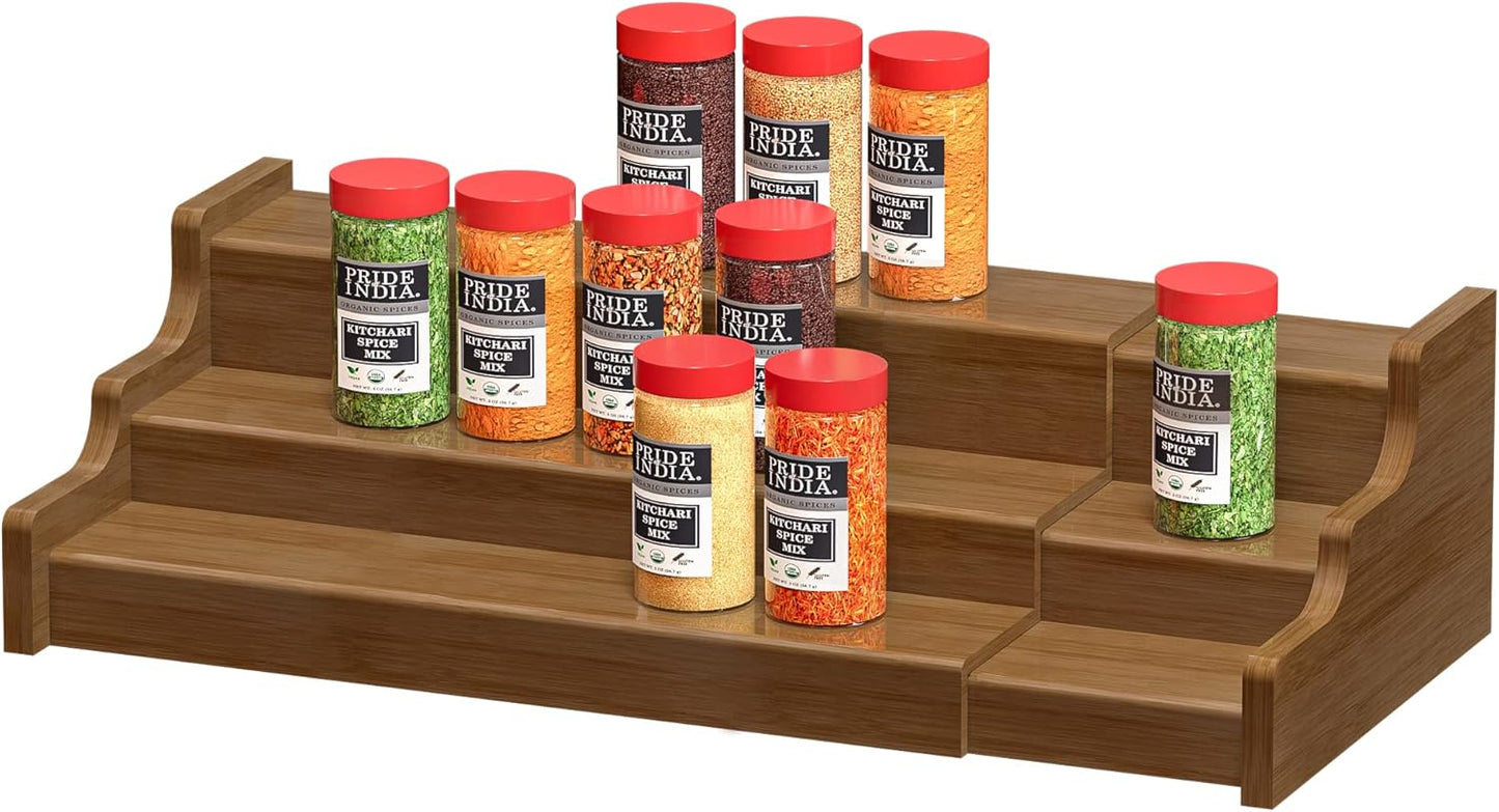 Spice Rack Kitchen Cabinet Organizer- 3 Tier Bamboo Expandable Display Shelf Yellow