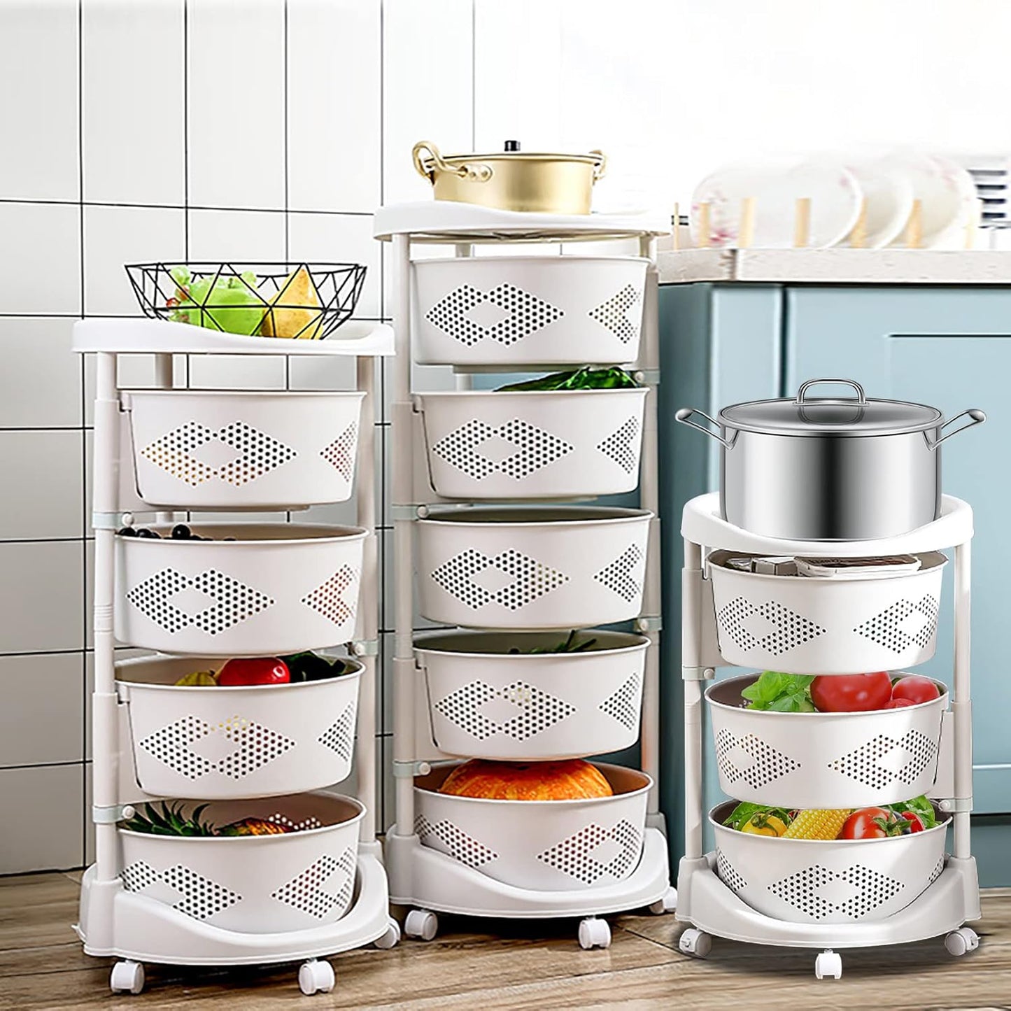 5 Tier Kitchen Storage Cart Multi-Layer Storage Basket with Wheels Fruit Vegetable Storage Shelves Racks Rolling Storage Cart for Kitchen Living Room Bedroom, White (5 Tier)