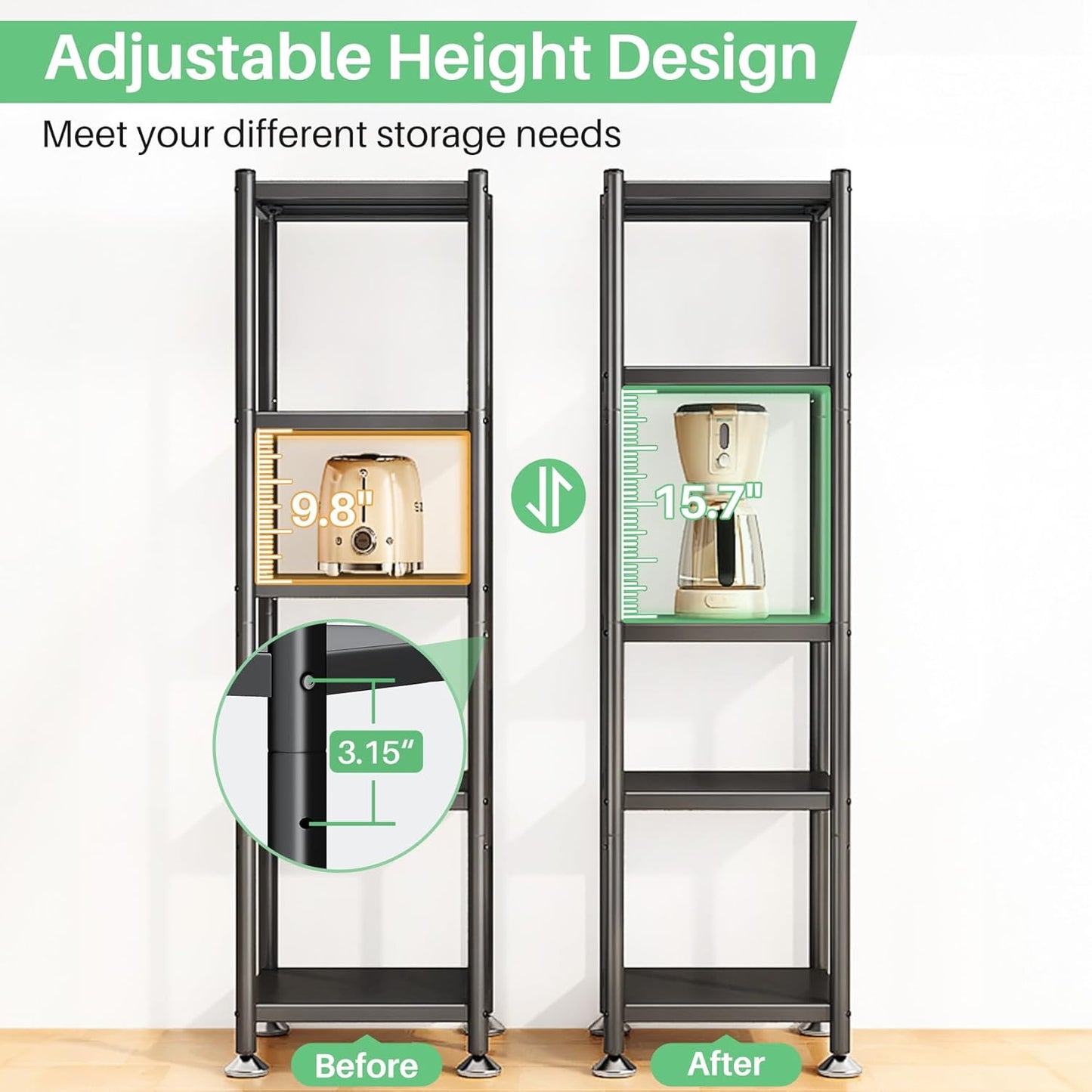 PXRACK 5-Tier Kitchen Storage Shelves, Adjustable Metal Shelves for Storage Pantry Shelves with Rolling Wheels, Storage Rack Shelving Unit Organizer for Bedroom Laundry Closet