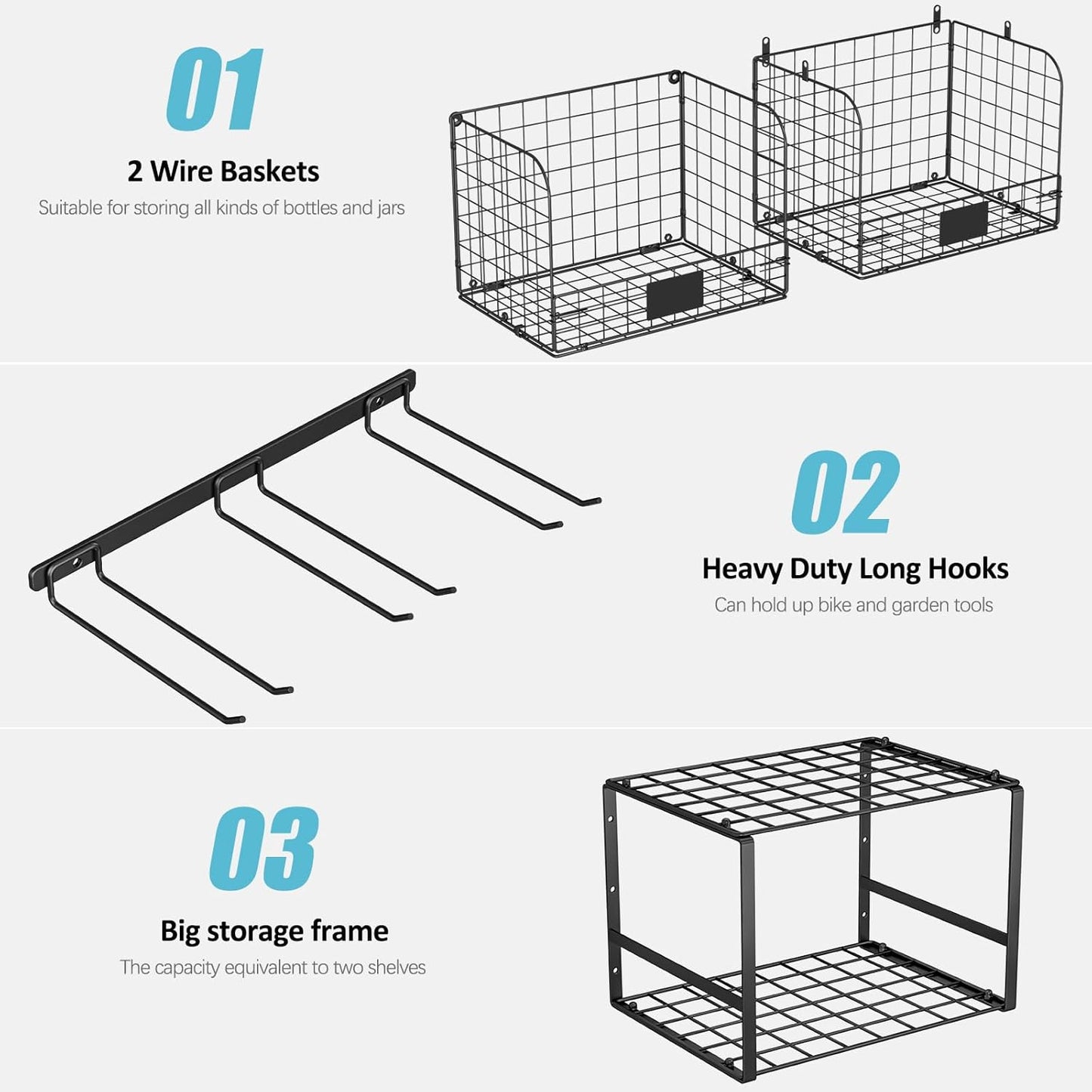 Garage Shelf Wall Mounted with Wire baskets, Heavy Duty Garage Wall Shelving with Garden Tool Rack and Hooks, Wire Shelf Baskets Tool Organizer for Home Garden Yard Organization and Storage