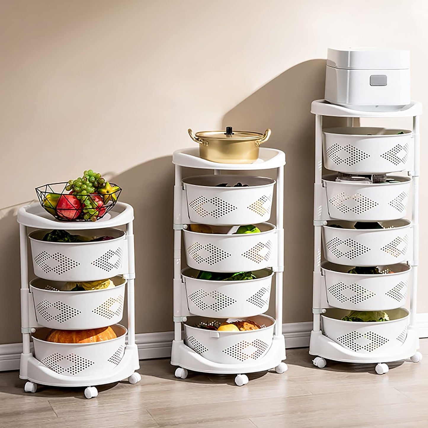 5 Tier Kitchen Storage Cart Multi-Layer Storage Basket with Wheels Fruit Vegetable Storage Shelves Racks Rolling Storage Cart for Kitchen Living Room Bedroom, White (5 Tier)