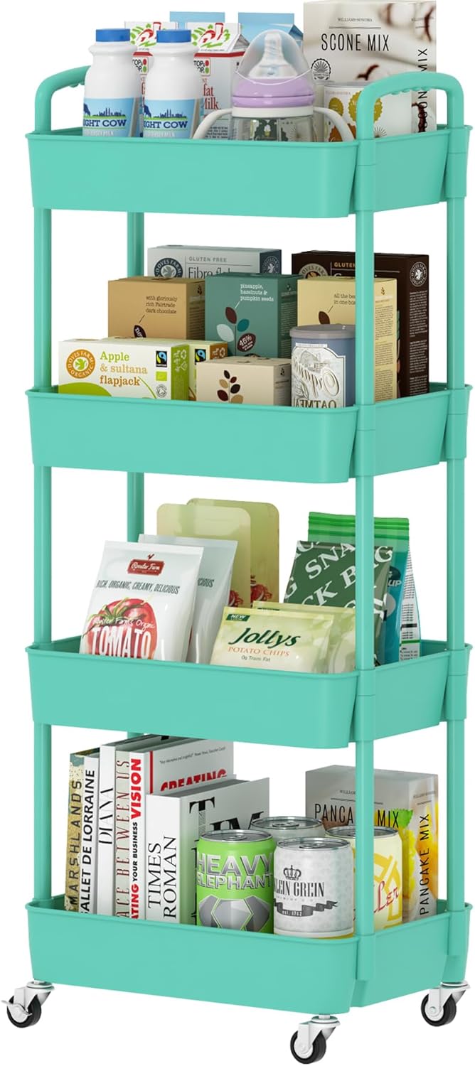 Sywhitta 4-Tier Plastic Rolling Utility Cart with Handle, Multi-Functional Storage Trolley for Office, Living Room, Kitchen, Movable Storage Organizer with Wheels, Black