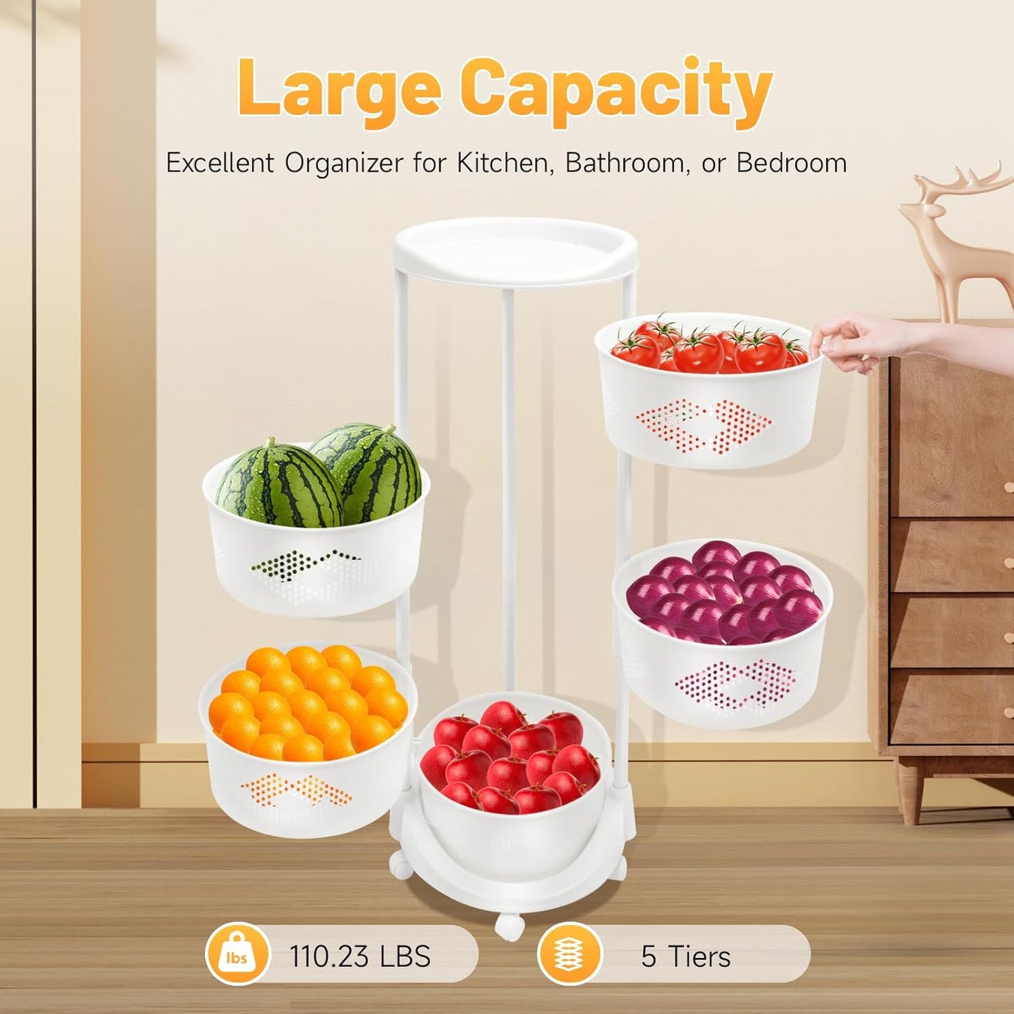 5 Tier Multi-Layer Kitchen Storage Rack, Rotating Storage Shelves Organizer,Floor Standing Storage Rack Basket Shelf Kitchen Storage Cart with Wheels Storage Basket for Living Rooms, Kitchens (White)