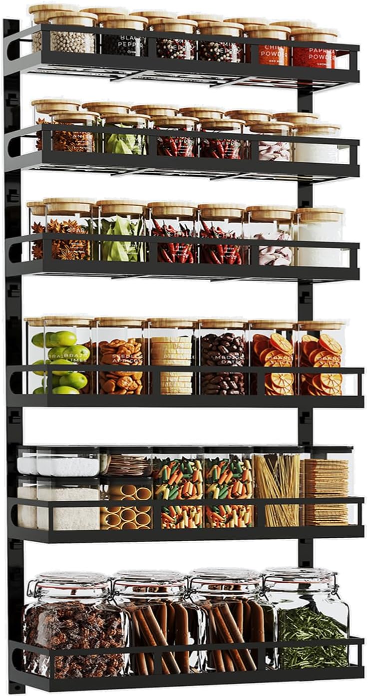 X-cosrack Wall Mount Spice Rack Organizer 5 Tier Height-Adjustable Hanging Spice Shelf Storage for Kitchen Pantry Cabinet, Dual-Use Seasoning Holder Rack with Hooks, Black-Patented