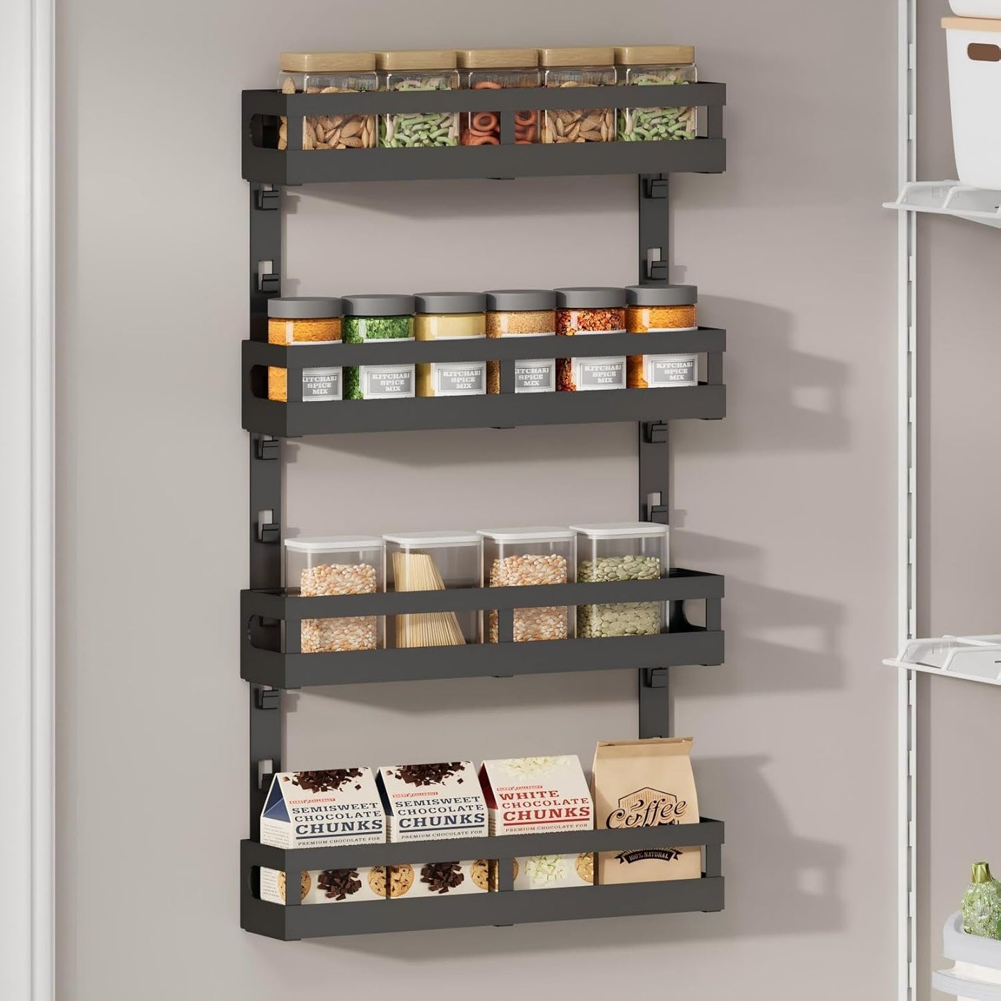 X-cosrack Wall Mount Spice Rack Organizer 5 Tier Height-Adjustable Hanging Spice Shelf Storage for Kitchen Pantry Cabinet, Dual-Use Seasoning Holder Rack with Hooks, Black-Patented