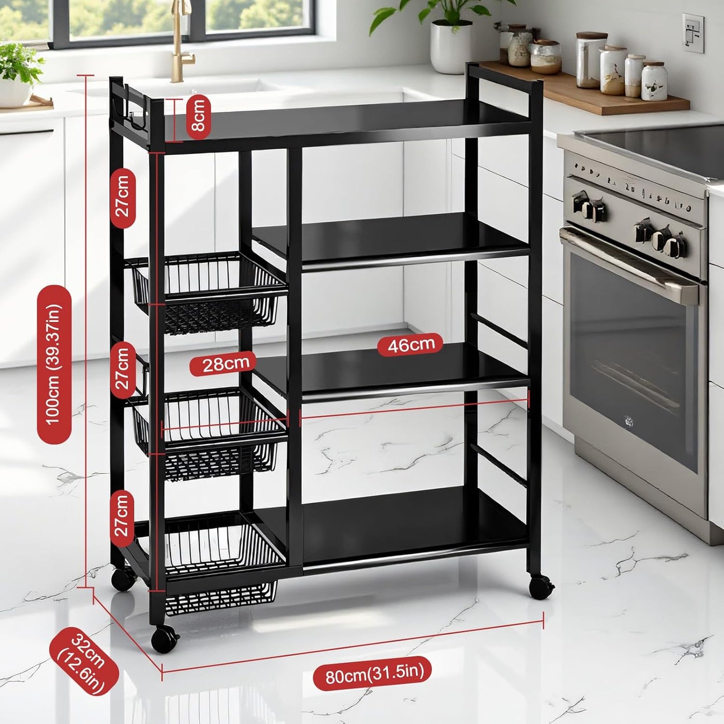 ALSO GO 4 Tiers Freestanding Kitchen Storage Rack, Multi-Functional Multi-Layer Mobile Storage Shelf with 3 Baskets, Suitable for Kitchen, Bedroom, Living Room, and Balcony, Black