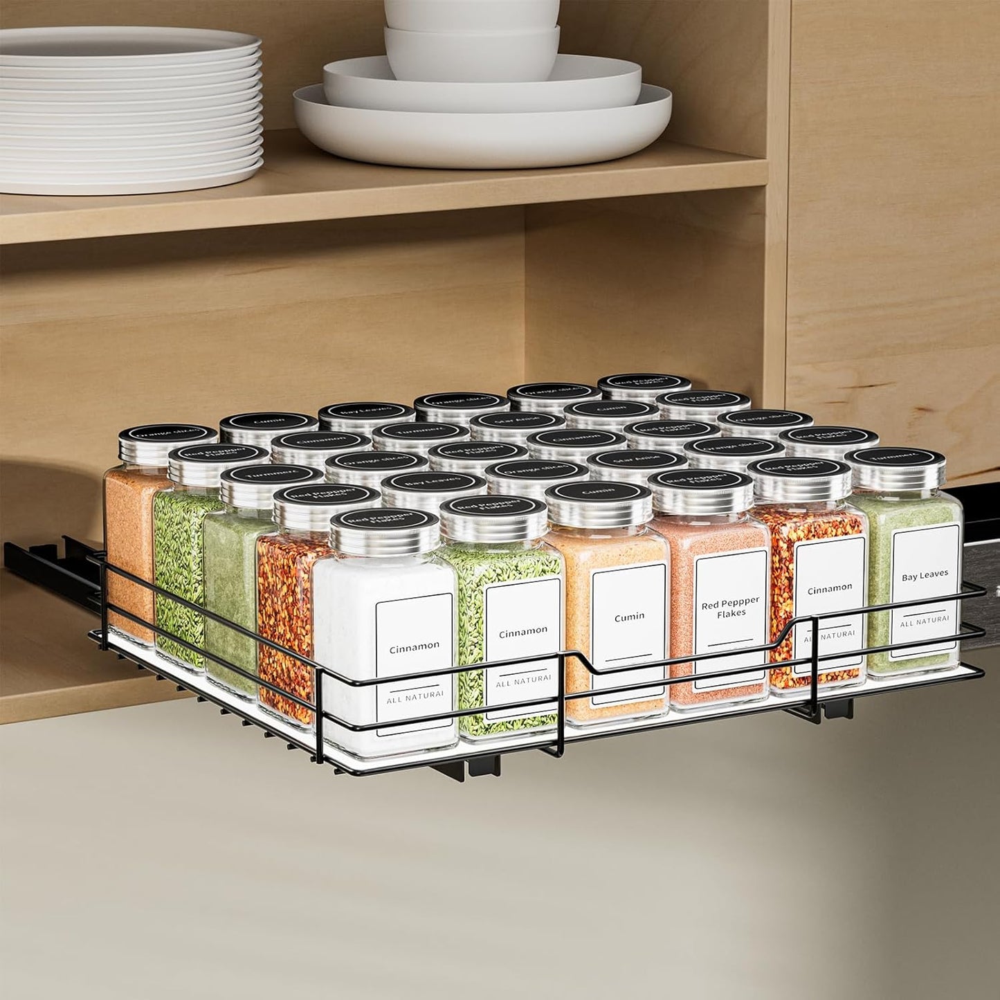 Spice Rack Organizer for Cabinet, 2 Tier Pull Out Spice Organizer for Cabinet Height Adjustable Heavy Duty Metal Basket for Inside Cabinets & Pantry Closet