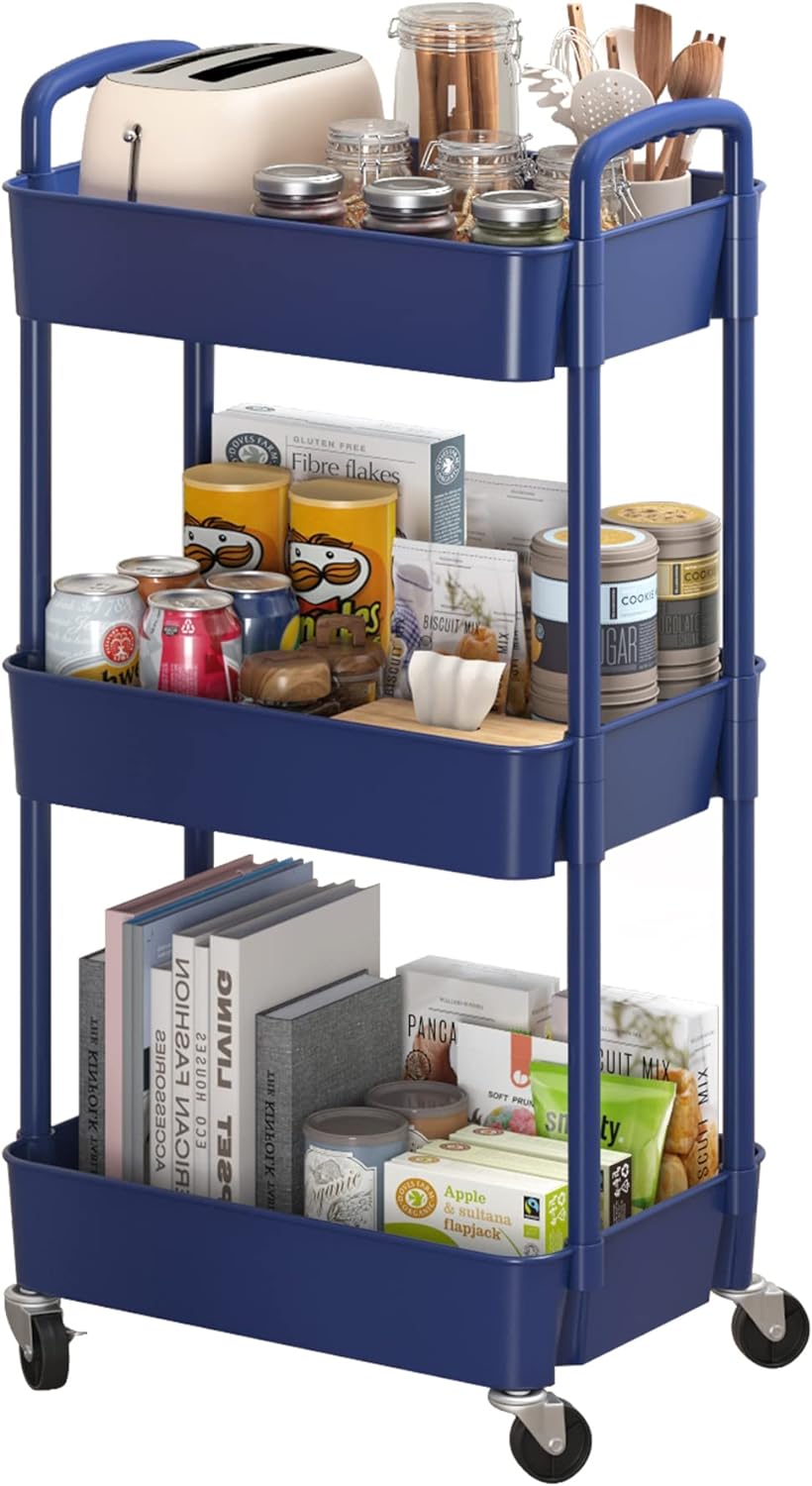 Sywhitta 4-Tier Plastic Rolling Utility Cart with Handle, Multi-Functional Storage Trolley for Office, Living Room, Kitchen, Movable Storage Organizer with Wheels, Black