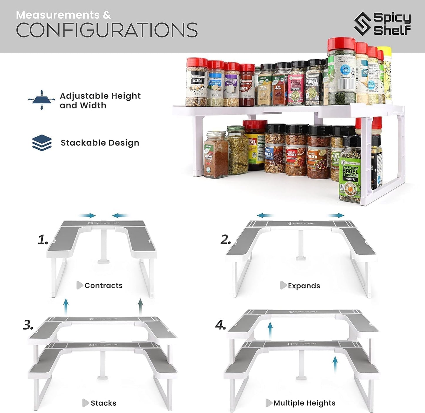 Spicy Shelf 3.0 - Expandable 2 Tiered Spice Rack Organizer for Cabinet & Pantry - Kitchen Seasoning Organizer - Cabinet Spice Racks for Inside Cabinets (Spicy Shelf Premium) - Home Organization