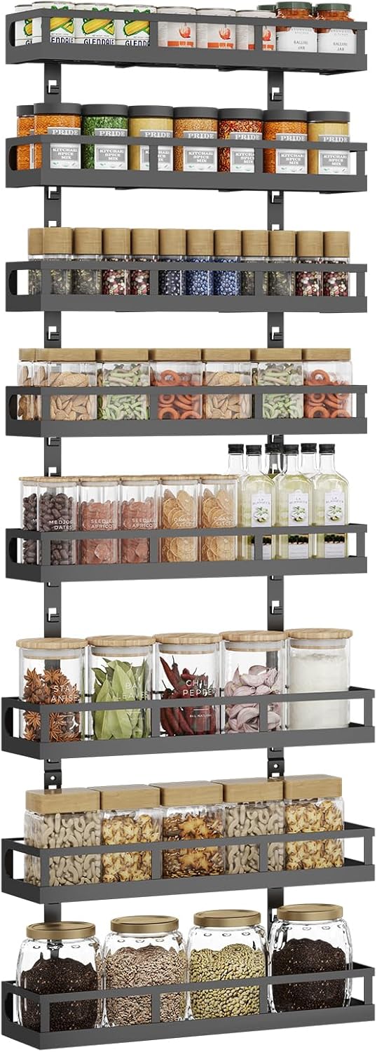 X-cosrack Wall Mount Spice Rack Organizer 5 Tier Height-Adjustable Hanging Spice Shelf Storage for Kitchen Pantry Cabinet, Dual-Use Seasoning Holder Rack with Hooks, Black-Patented